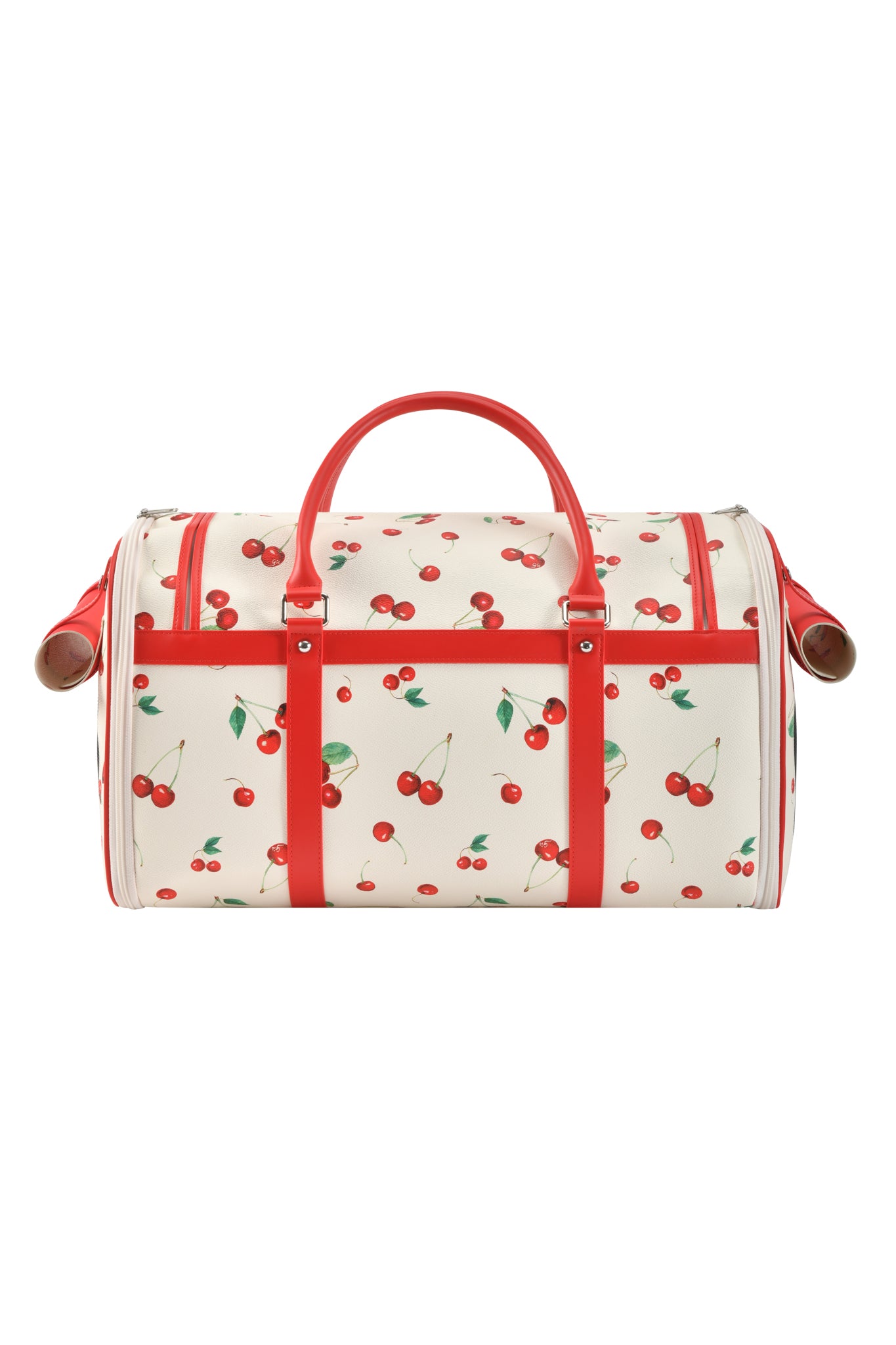 The I.AM.GIA TRIXX PET CARRIER - CHERRY ON TOP is a small white duffel bag for pets, accented with red handles and trim, and decorated with an all-over cherry and green leaf print.