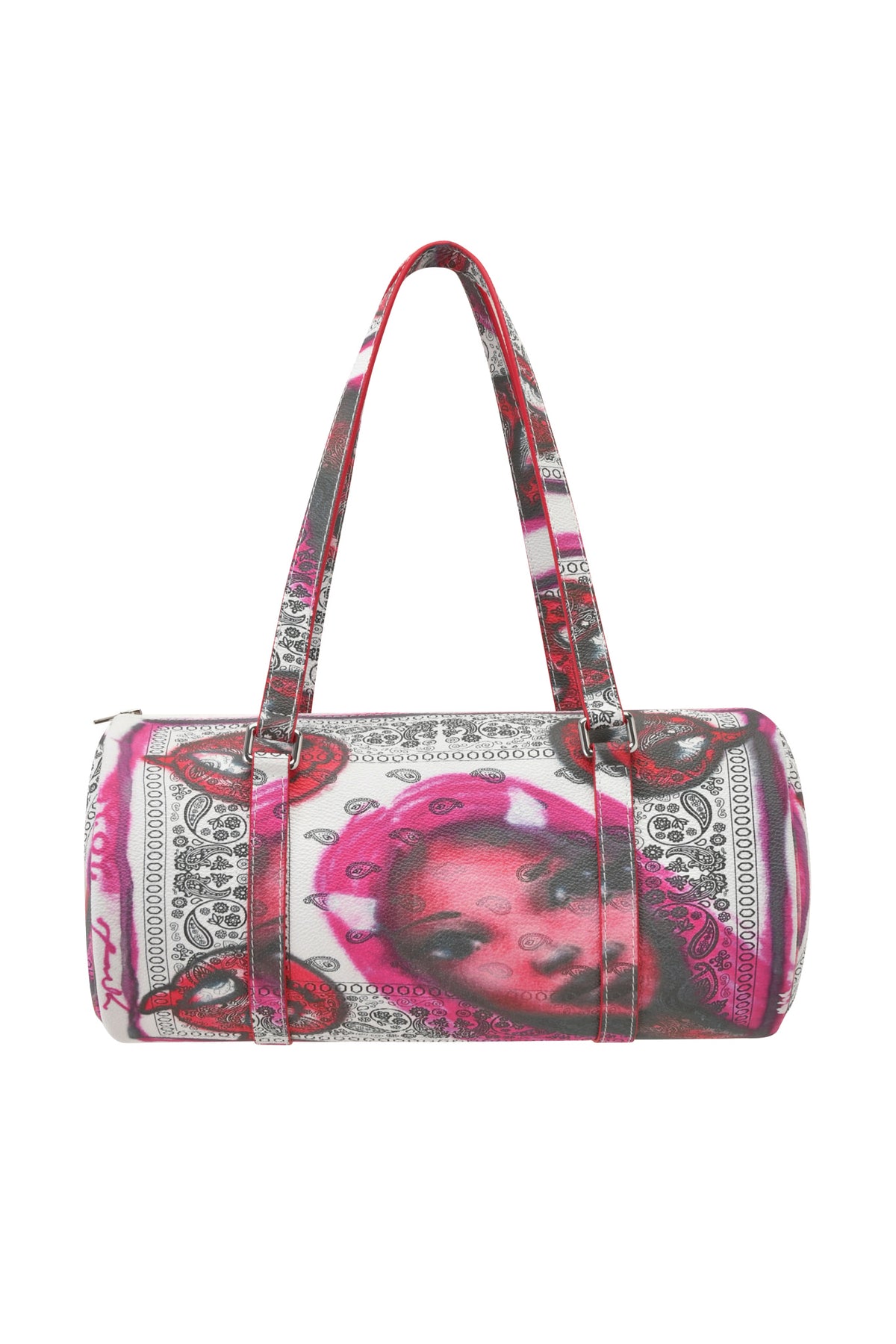 The T-REX BARREL BAG - PAISLEY FACE by I.AM.GIA is a faux leather barrel purse with two straps, pink and black patterns, and a stylized woman’s portrait on the front.
