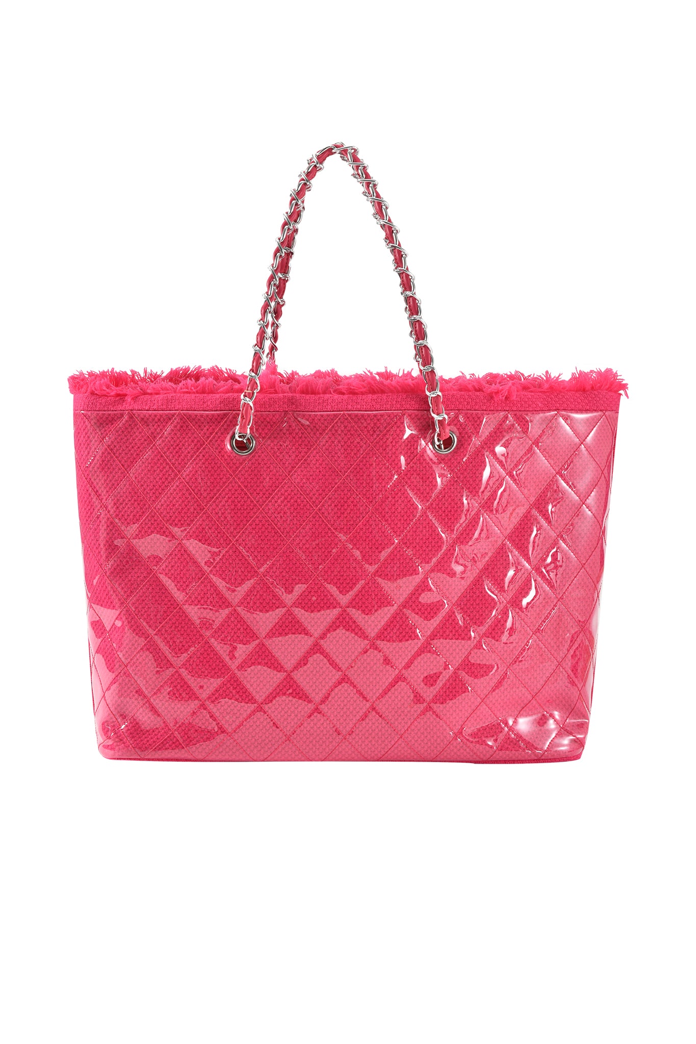 The I.AM.GIA DANNI TOTE BAG in hot pink features a shiny quilted PVC shell, metal chain handles, and a fuzzy trim along the top edge, shown against a white background.