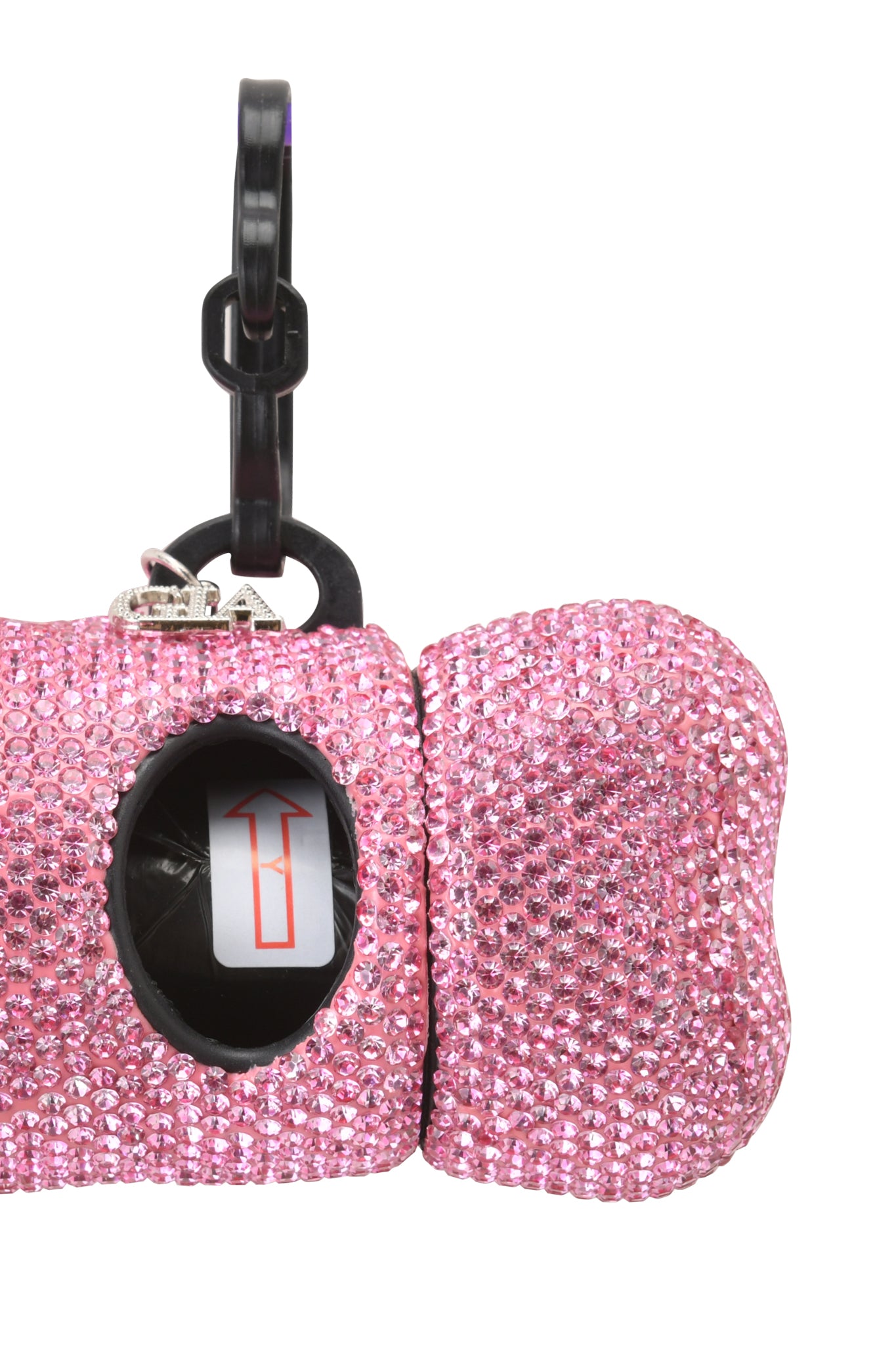 The I.AM.GIA STAR PAWFECT 3-PIECE SET in baby pink features a rhinestone-studded dog waste bag holder with a black clip and roll of bags, visible through a round opening with an upward-pointing arrow.