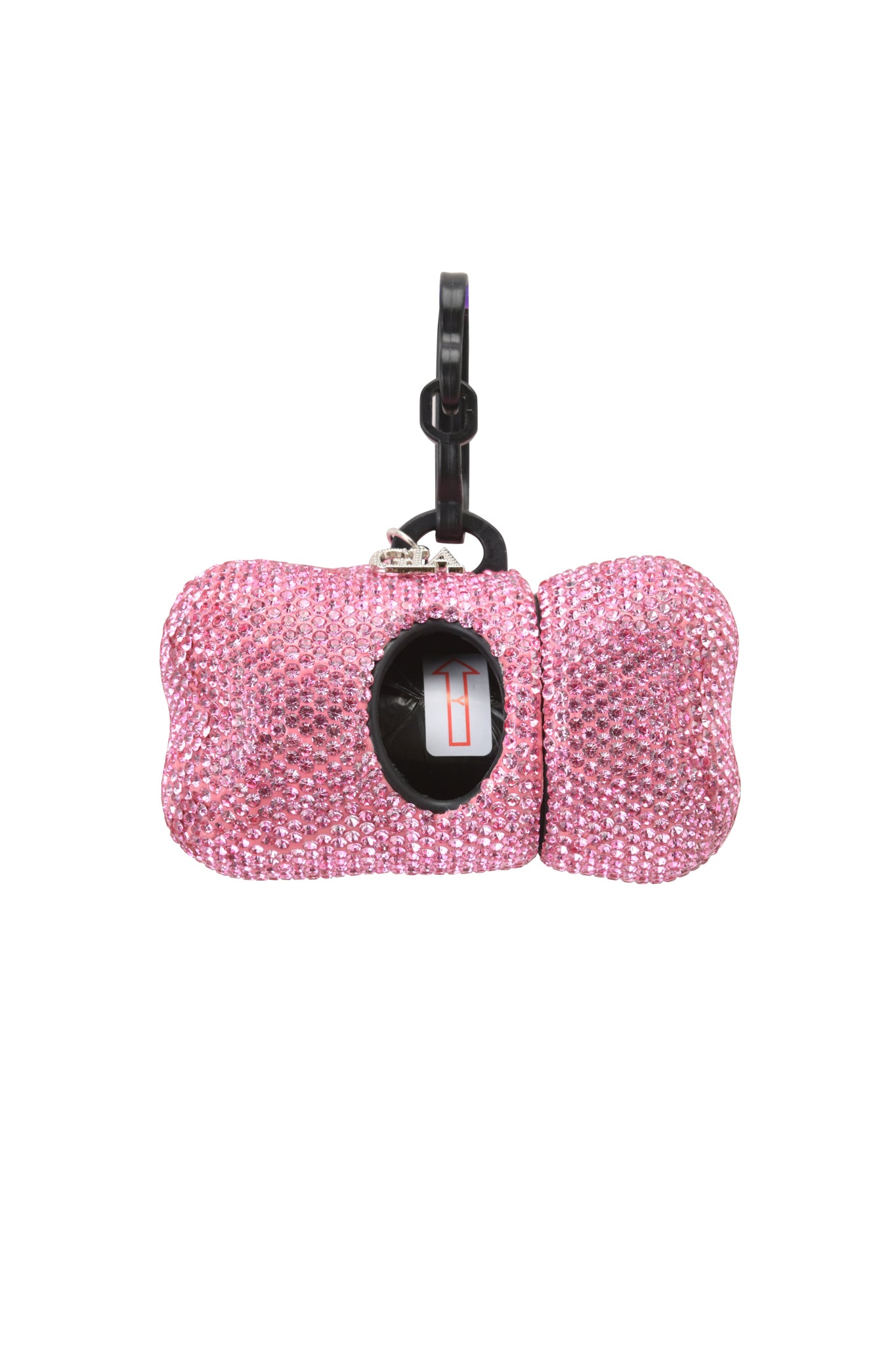 The STAR PAWFECT 3-PIECE SET - BABY PINK by I.AM.GIA features a pink, bone-shaped rhinestone dog bag dispenser with a black top clip and visible black waste bags through a circular opening.
