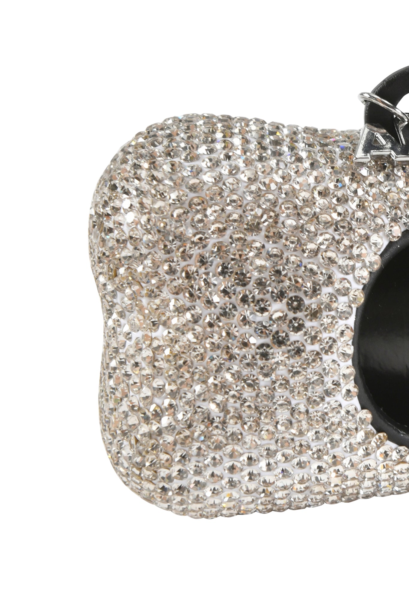 Close-up of the sparkling STAR PAWFECT 3-PIECE SET - BABY BLUE by I.AM.GIA, featuring a silver, crystal-encrusted rounded handbag with a black circular opening and metallic handle.