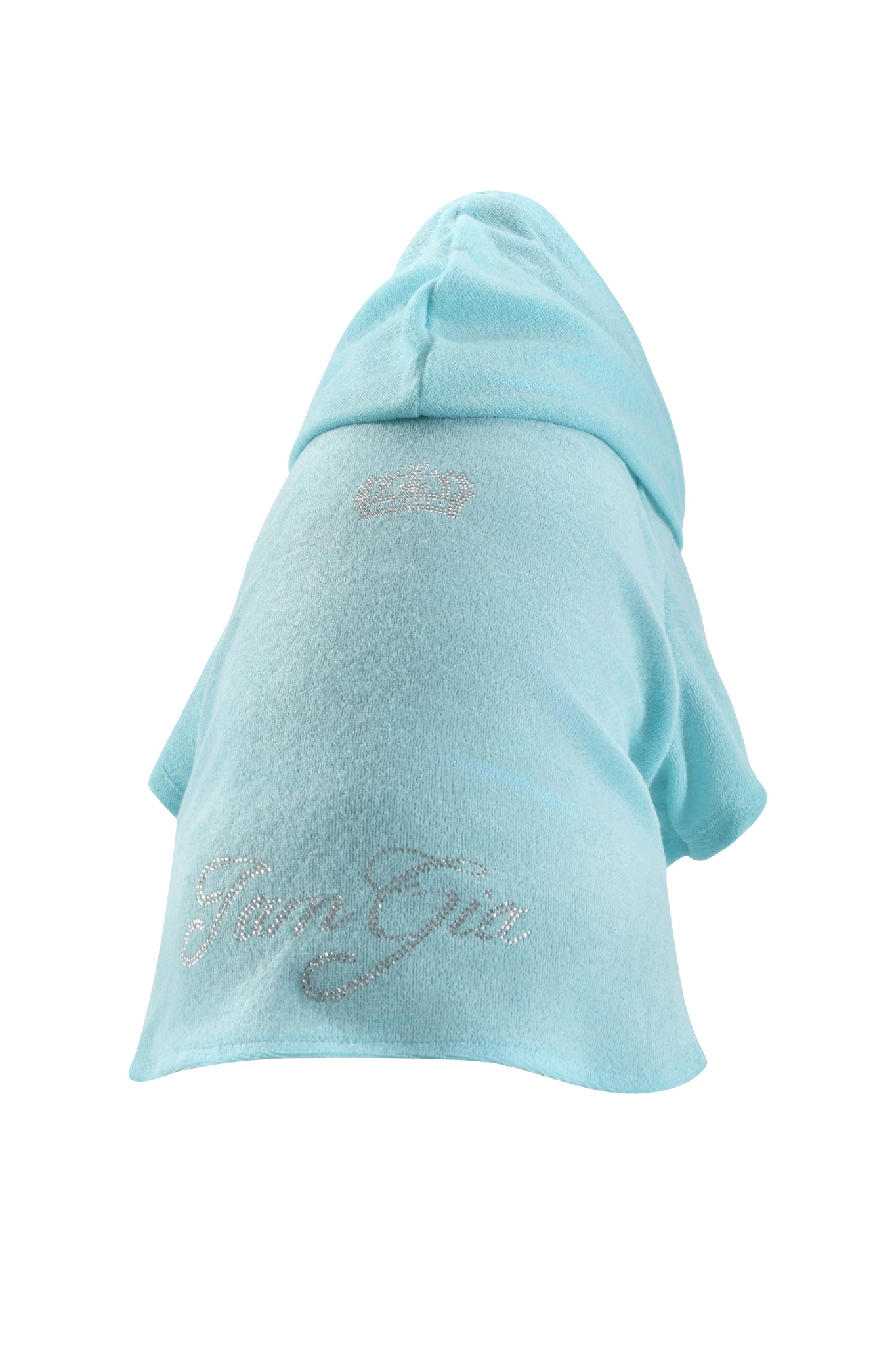 A small dog sports the I.AM.GIA HONEY DOG HOODIE - BABY BLUE, featuring sparkling silver rhinestone lettering and a crown design—ideal for fans of stylish rhinestone dog apparel.