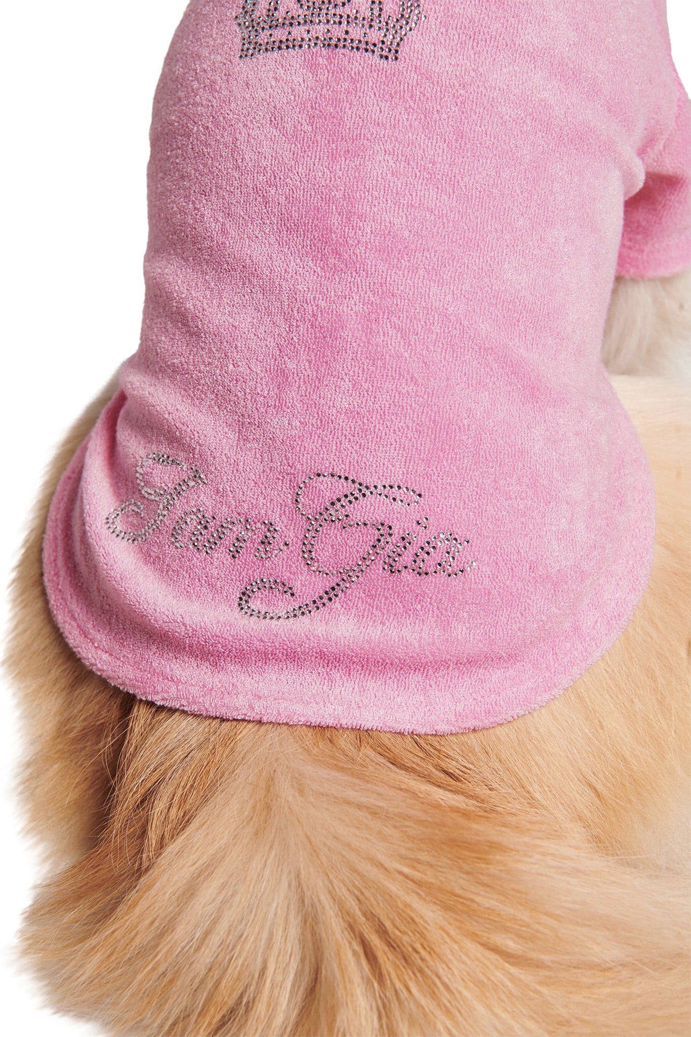 A fluffy dog sports the I.AM.GIA HONEY DOG HOODIE in pink, featuring rhinestone "Glam Girl" text and a sparkling crown, with its light brown fur partly visible for extra cuteness.