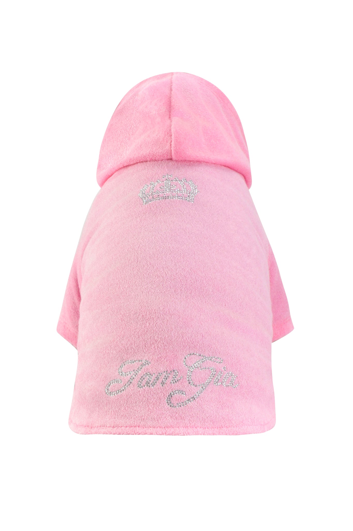 The HONEY DOG HOODIE - PINK by I.AM.GIA is a pink hooded pet sweatshirt with a sparkly crown and silver glitter "I am Gia" on the back—perfect for stylish pups.