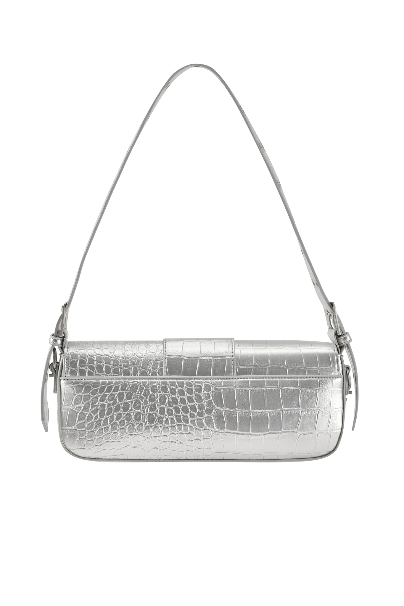 The MILA METALLIC BAG from I.AM.GIA is a silver mini shoulder purse with a faux crocodile texture, adjustable strap, and stylish buckle accents at both ends.