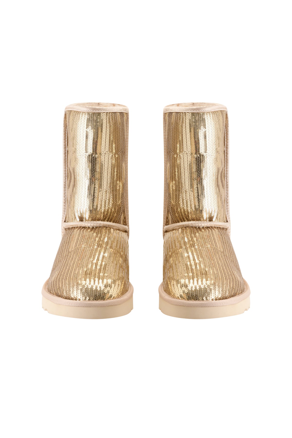 The ELVIRA SEQUIN BOOT - GOLD by I.AM.GIA is a pair of gold sequin-covered mid-calf boots with flat soles, shown from the front on a white background.