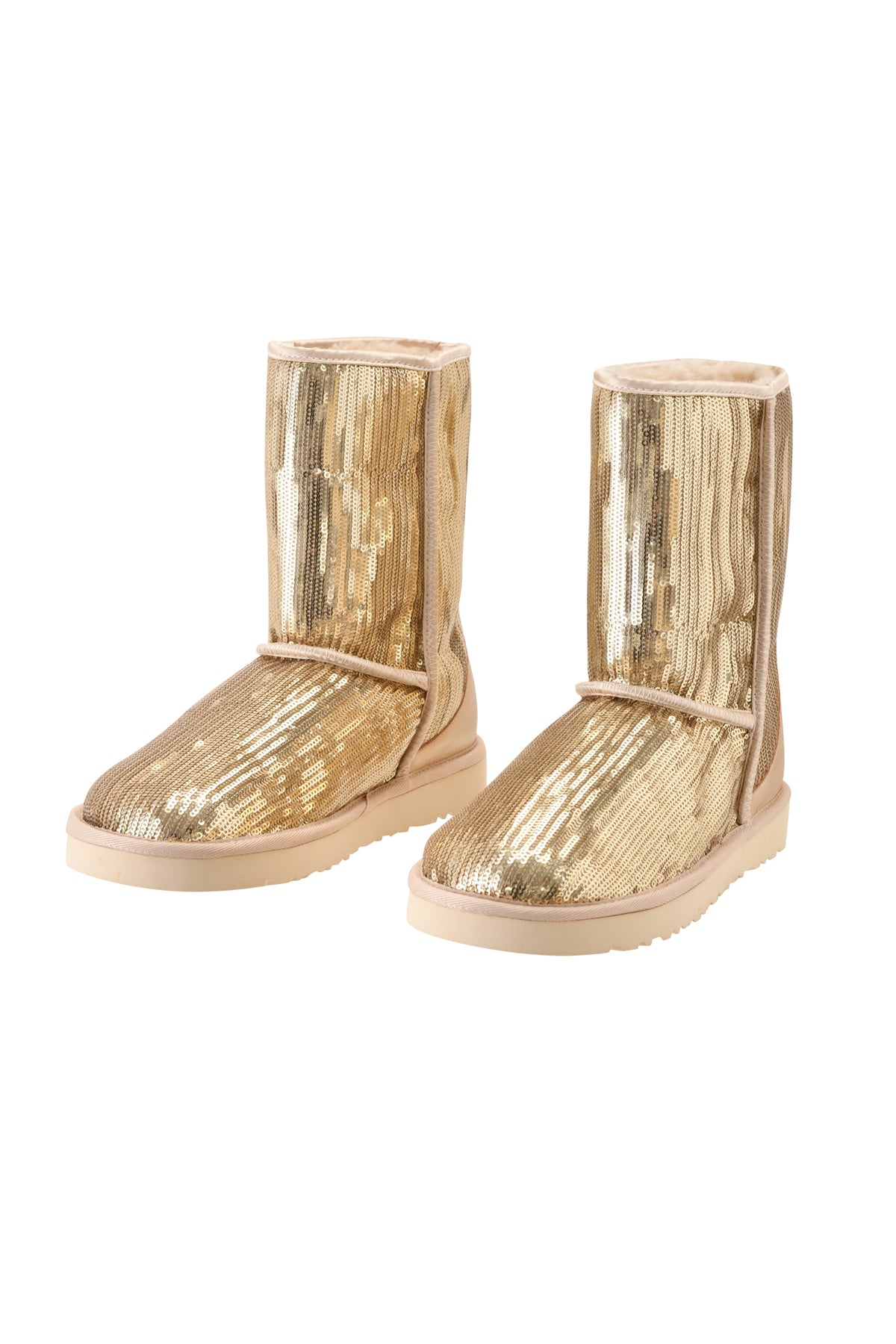 A pair of I.AM.GIA ELVIRA SEQUIN BOOT - GOLD mid-calf boots with beige soles and trim, featuring a cozy faux fur lining, are placed side by side on a white background.