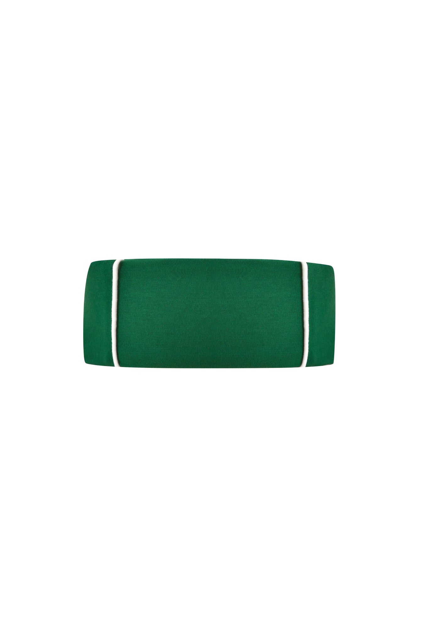 A green rectangular bolster pillow with white piping is displayed on a white background—ideal for pairing with your I.AM.GIA BLARE SPORT HEADBAND - GREEN.