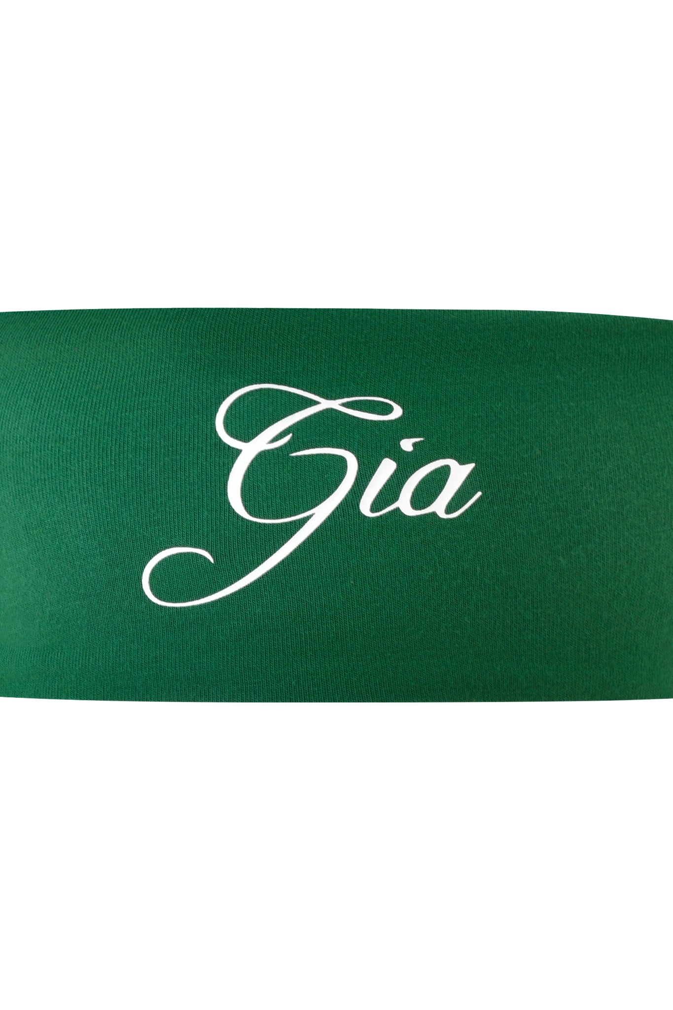 The BLARE SPORT HEADBAND - GREEN by I.AM.GIA features "Gia" in elegant white script, making it a stylish and sporty choice for soccer players.