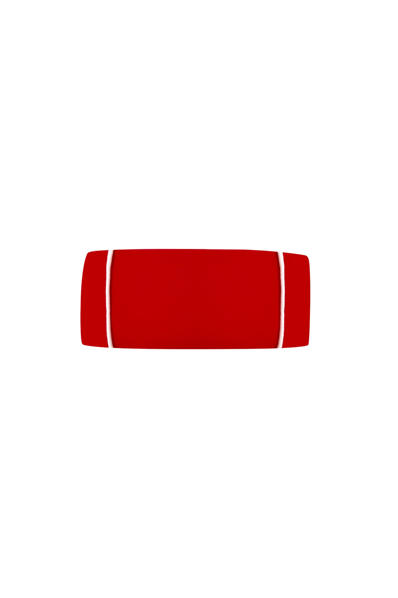 The BLARE SPORT HEADBAND - CRIMSON by I.AM.GIA is a red rectangular fabric headband with rounded edges and two vertical white lines near each end, displayed on a plain white background.