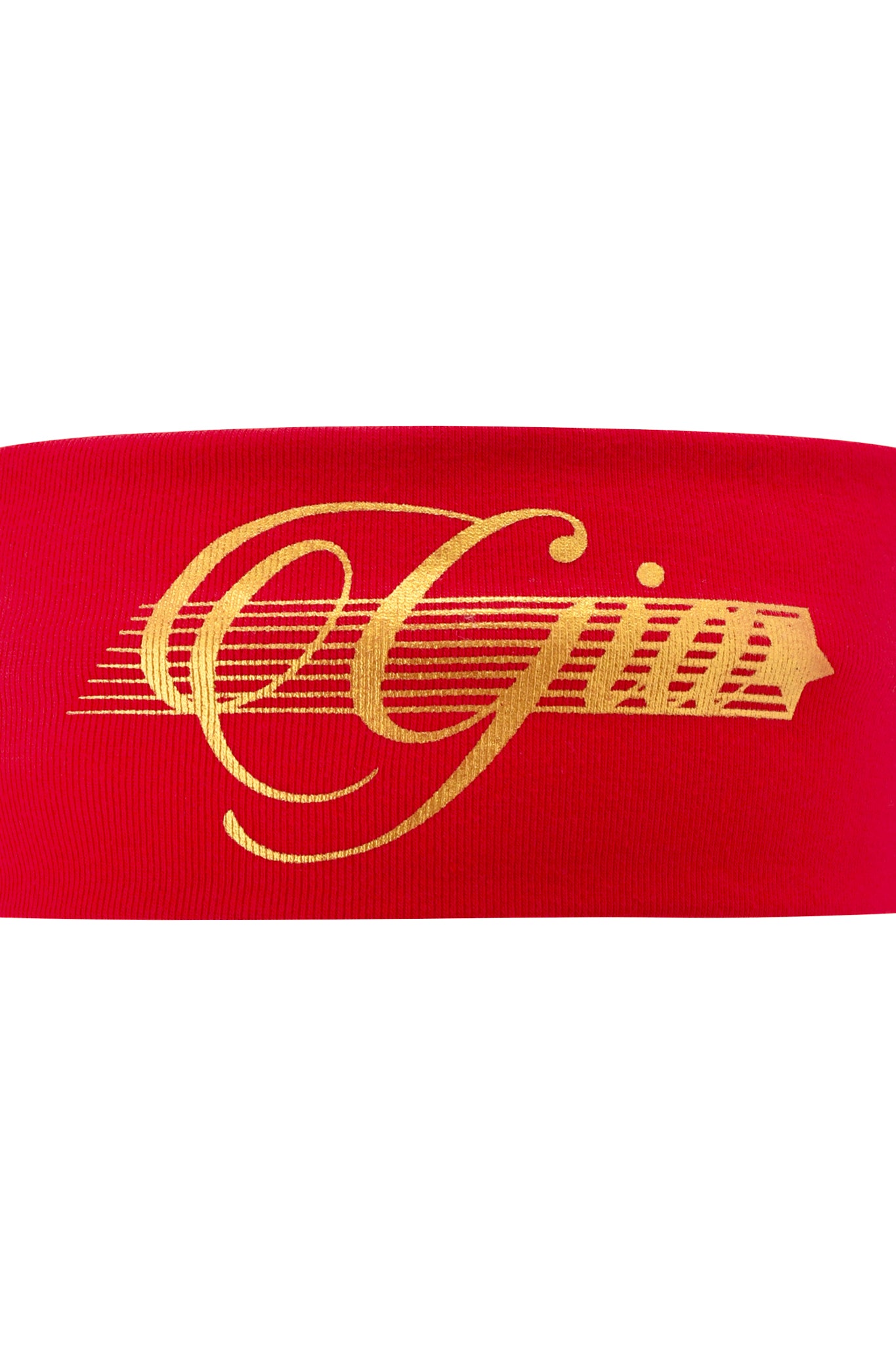 The NOVIA SPORT HEADBAND - RED by I.AM.GIA features "Gin" in elegant gold script with horizontal gold lines, made from stretchy cotton jersey. This soccer-inspired accessory adds sporty flair to any look.