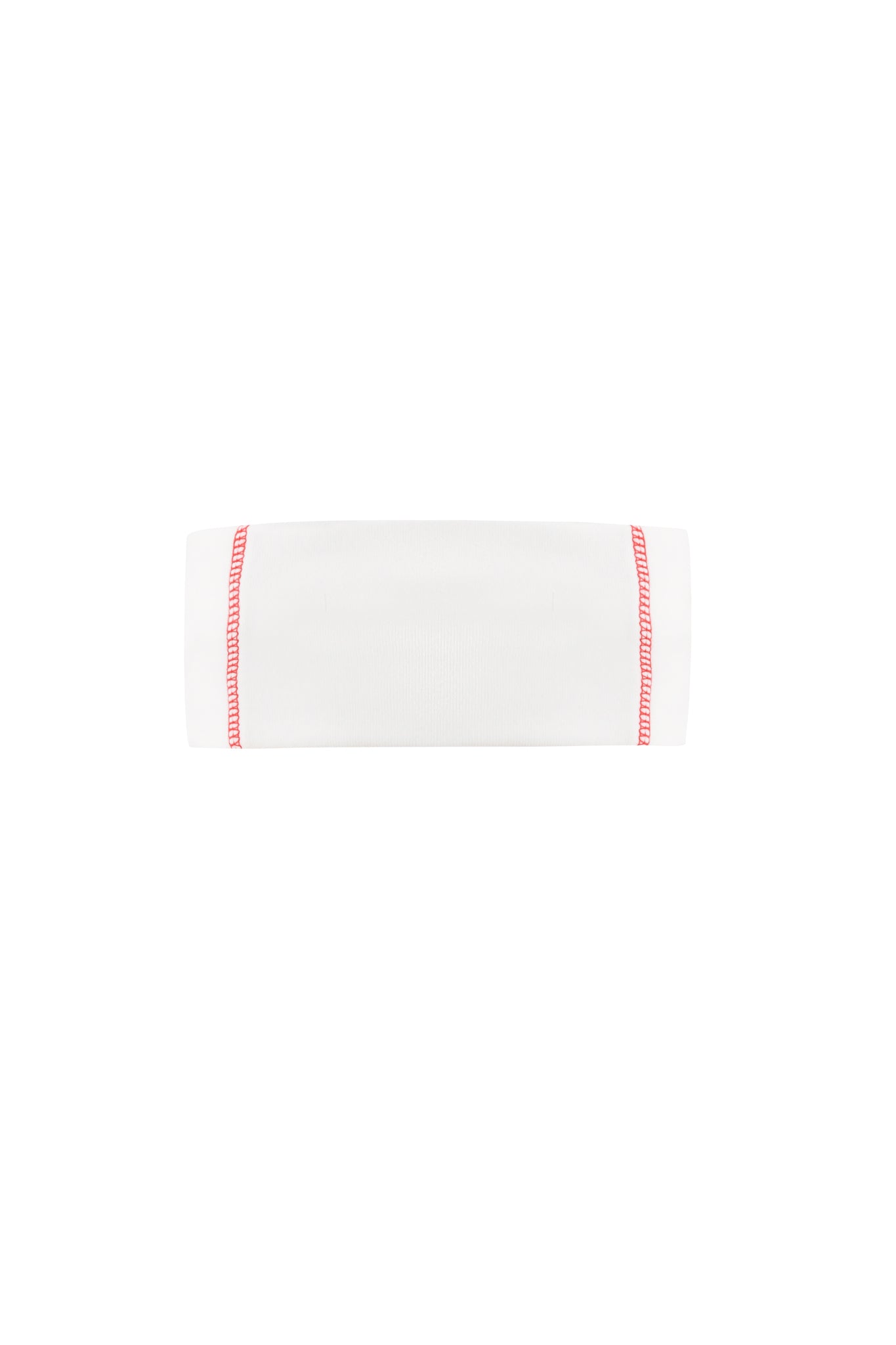 The I.AM.GIA NOVIA SPORT HEADBAND in white features red edge stitching and is crafted from stretch cotton jersey for a sporty soccer vibe, shown against a white background.