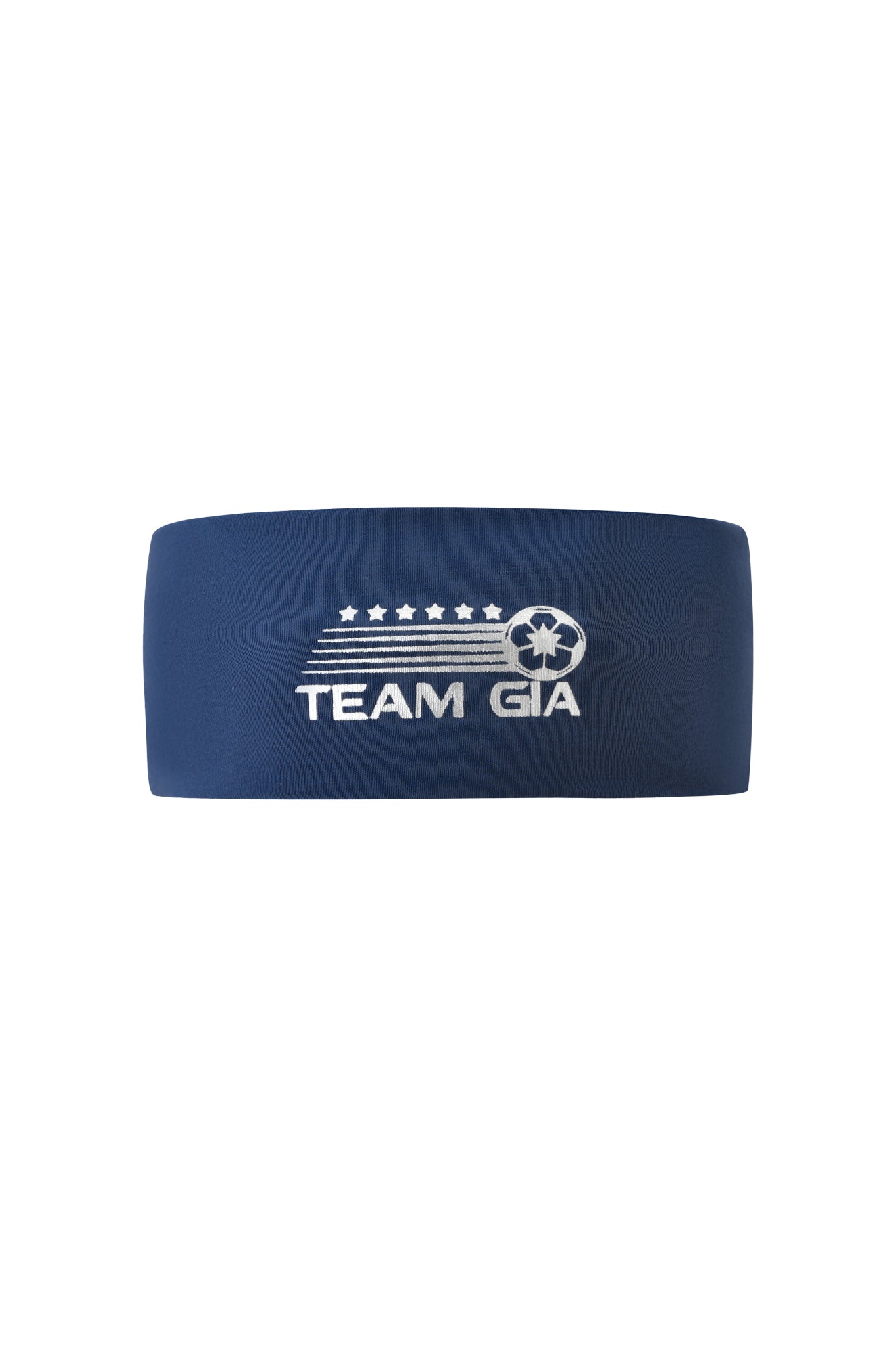 The NOVIA LACE-UP T-SHIRT AND HEADBAND - NAVY by I.AM.GIA includes a navy headband with "TEAM GIA" in white, five stars, three stripes, and a clover emblem above the text, inspired by GIA Sport.