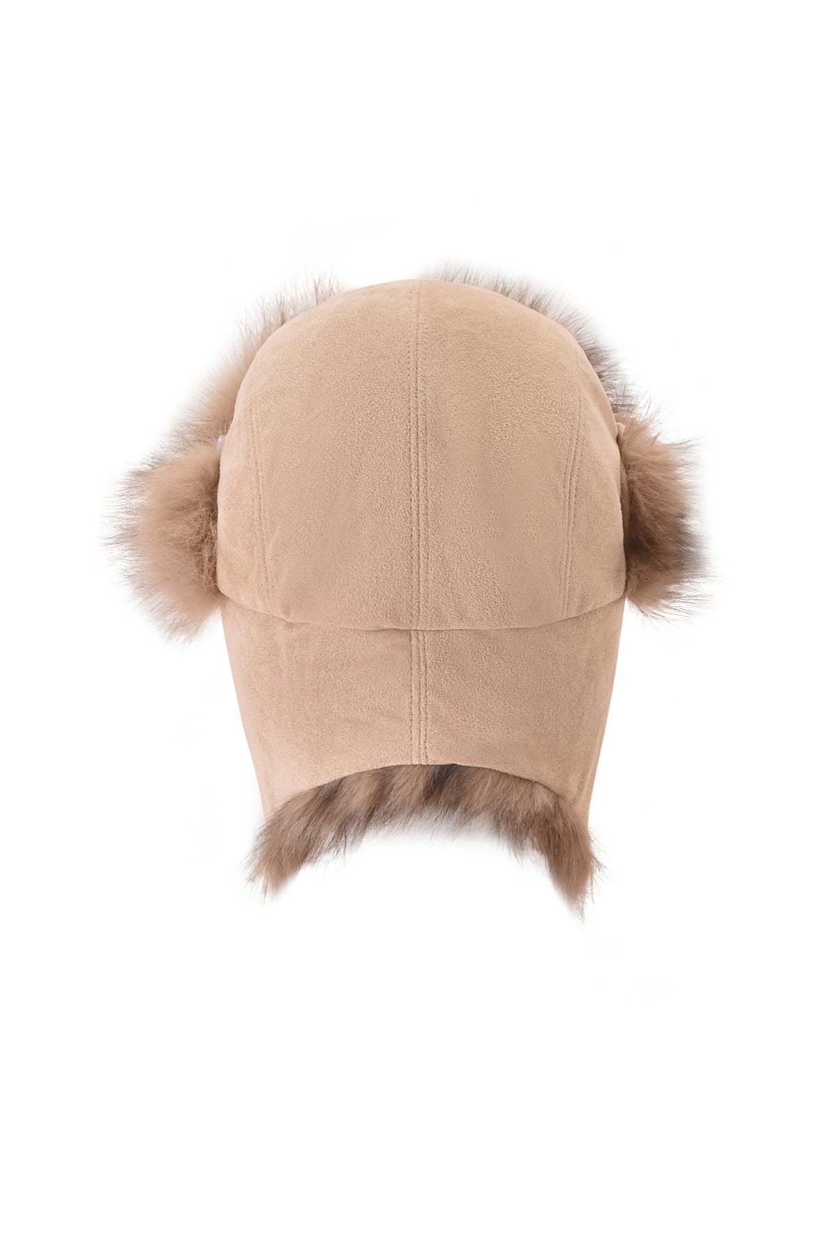 The GENA FAUX FUR TRAPPER HAT in tan suede by I.AM.GIA is shown from the back, featuring brown faux fur trim around the ear flaps and brim, set against a white background.