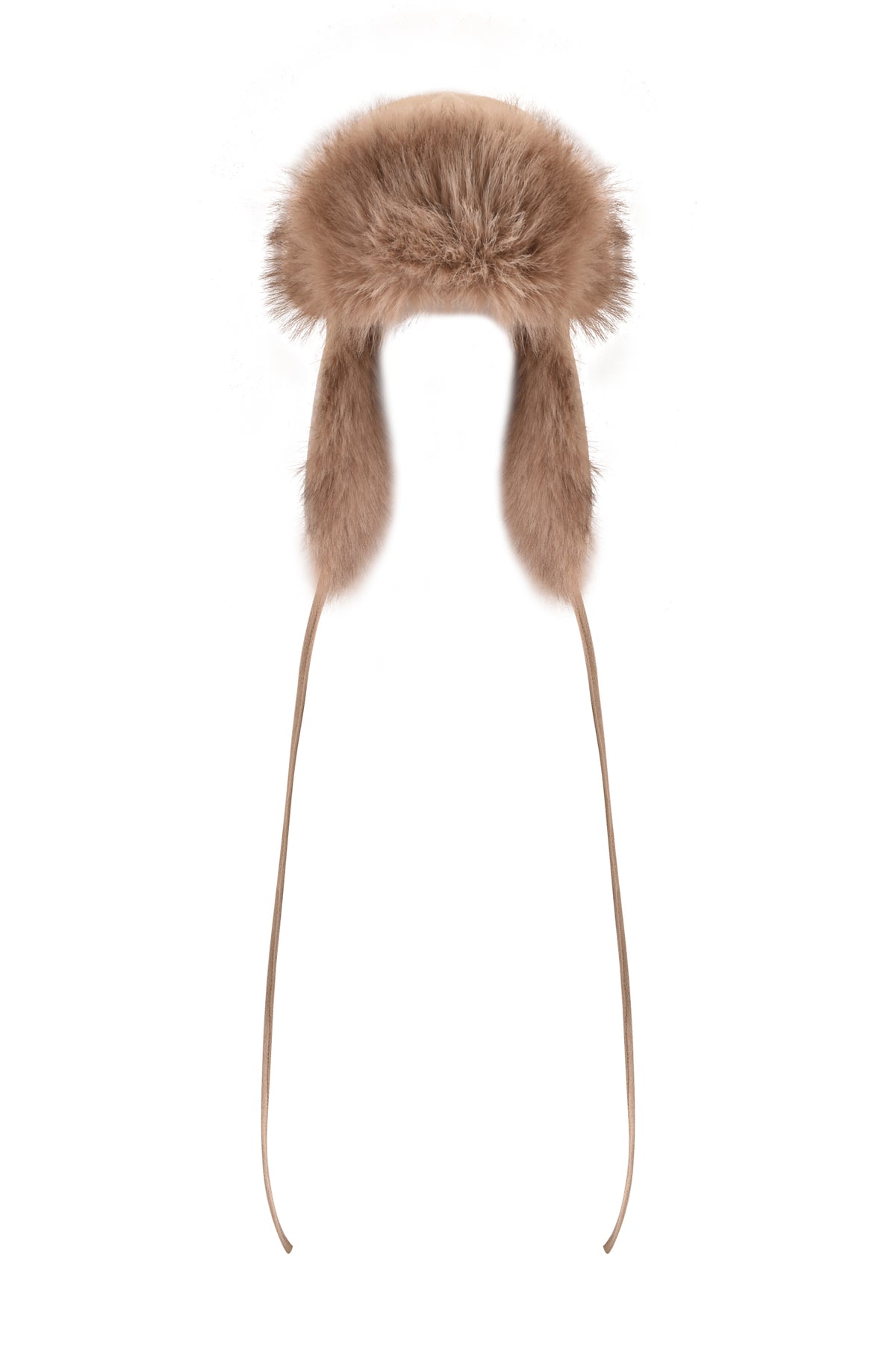 The GENA FAUX FUR TRAPPER HAT - TAN SUEDE by I.AM.GIA is a fluffy brown reversible faux fur hat featuring long ear flaps and two thin straps on each side, displayed against a white background.