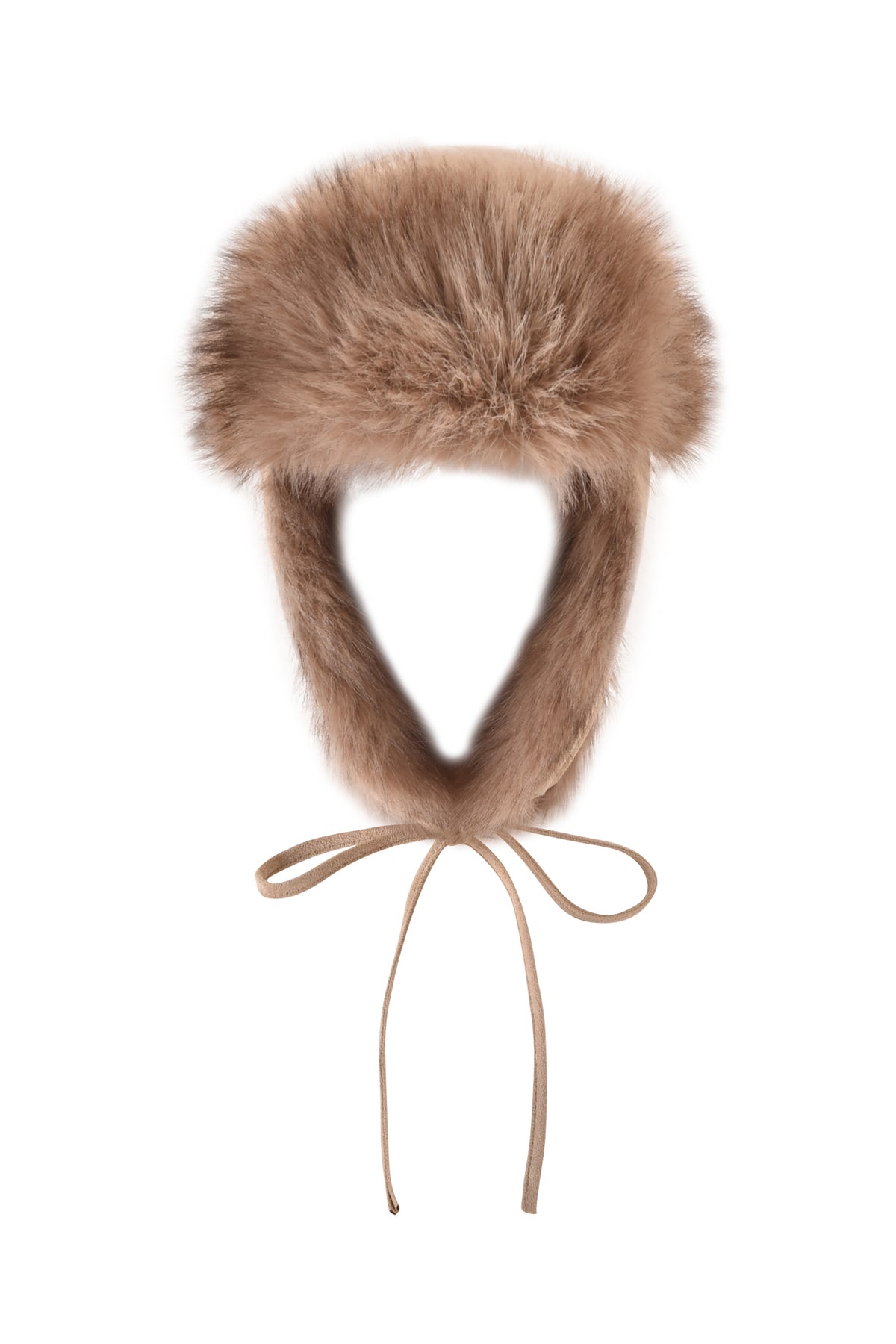 The GENA FAUX FUR TRAPPER HAT - TAN SUEDE by I.AM.GIA is a brown reversible faux fur trapper hat featuring ear flaps and long tan ribbons for tying under the chin, displayed against a white background.