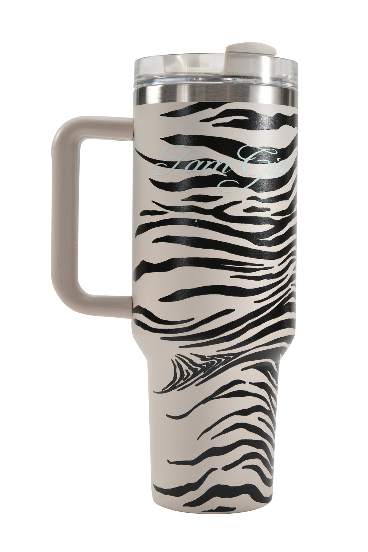 Introducing the BLARE CUP - FINE LINE ZEBRA by I.AM.GIA: a tall 40oz travel mug with a handle, featuring a striking black and white zebra stripe pattern and a clear plastic lid. This insulated stainless steel tumbler keeps your drinks at the perfect temperature, making it the ultimate zebra print cup for daily commutes or outdoor adventures.