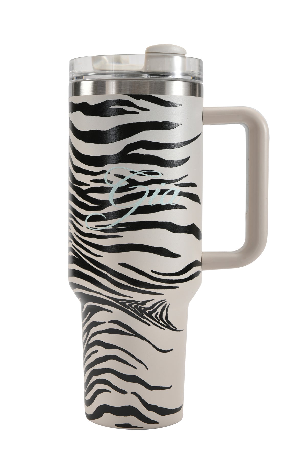 Elevate your drinkware with the BLARE CUP - FINE LINE ZEBRA by I.AM.GIA, a 40oz tall insulated stainless steel travel mug featuring a handle and chic black and white zebra stripe design. This stylish cup keeps your beverages at the perfect temperature, includes a transparent lid, and showcases the name “Gina” elegantly written in cursive on the front.