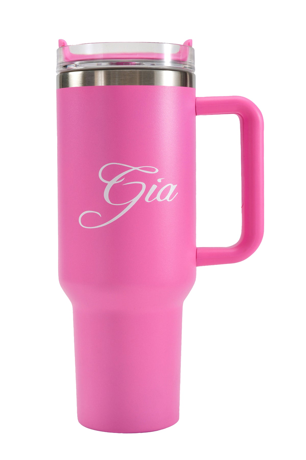 A tall, hot pink BLARE CUP - PINK by I.AM.GIA, this insulated stainless steel tumbler features a handle, clear lid, and the name “Gia” elegantly scripted in white on the front.