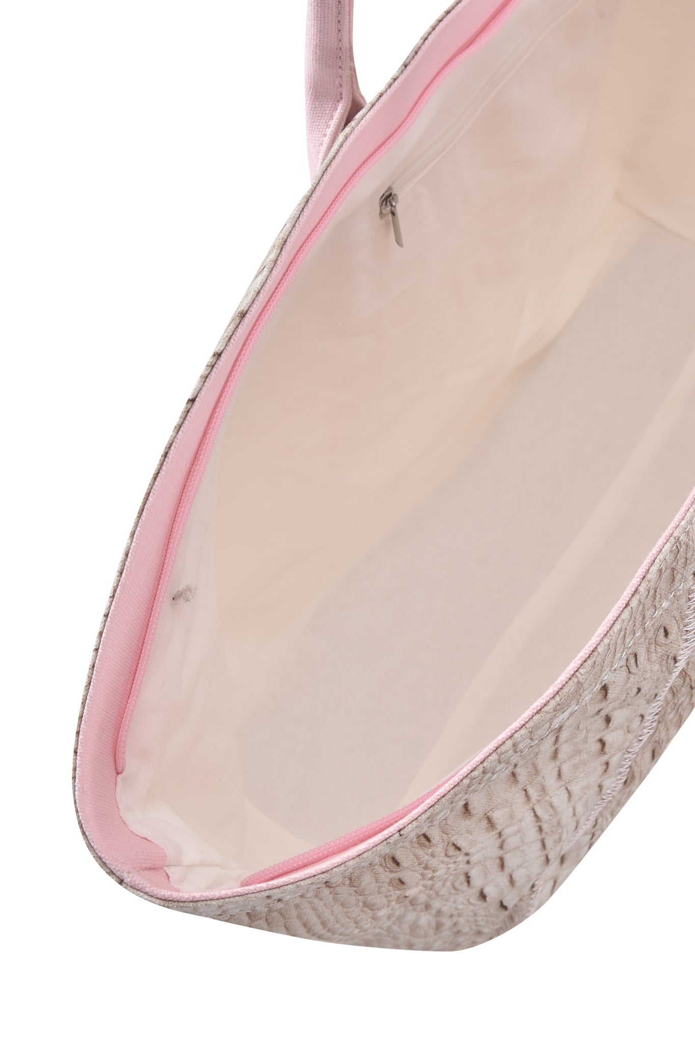 Introducing the BLARE TOTE BAG - HOT CROC by I.AM.GIA: an open beige tote bag accented with a pink zipper and a subtle crocodile print. The spacious design offers a glimpse of its light interior lining and includes a handy small zippered pocket inside.