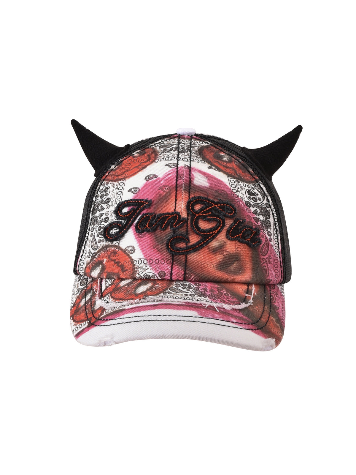 The T-REX DEVIL HAT - BLACK by I.AM.GIA is a colorful, distressed black trucker hat with devil horns, a bandana print, and “IamGia” embroidered in black cursive on the front.