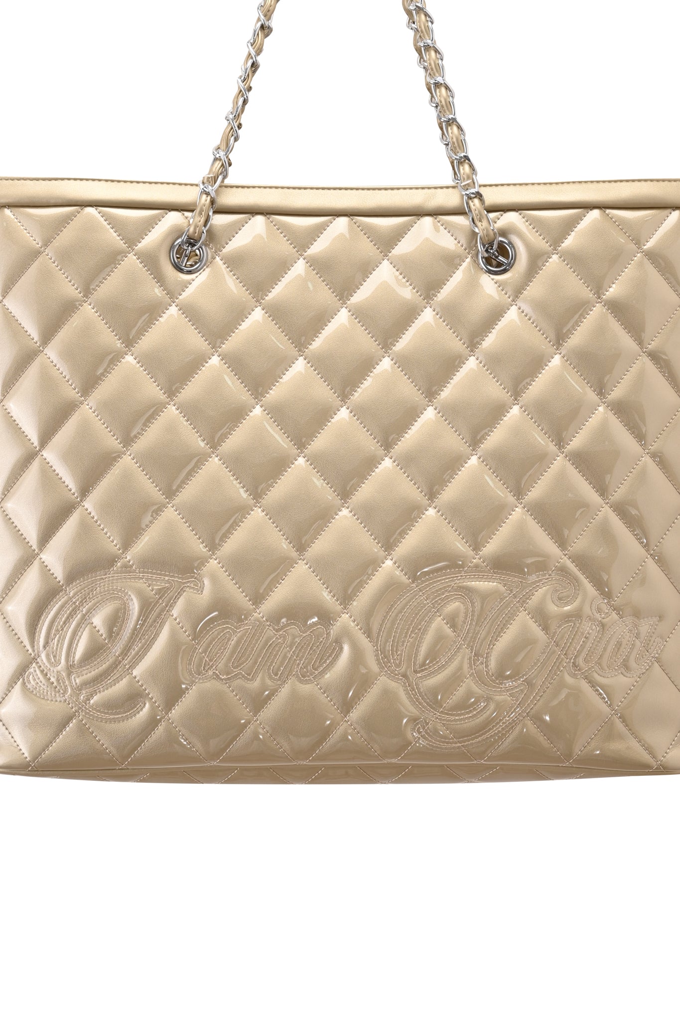 A gold DANNI tote bag by I.AM.GIA, featuring quilted detailing, silver chain handles, and embossed script text along the bottom—capturing the signature chic of the I.AM.GIA bag collection.