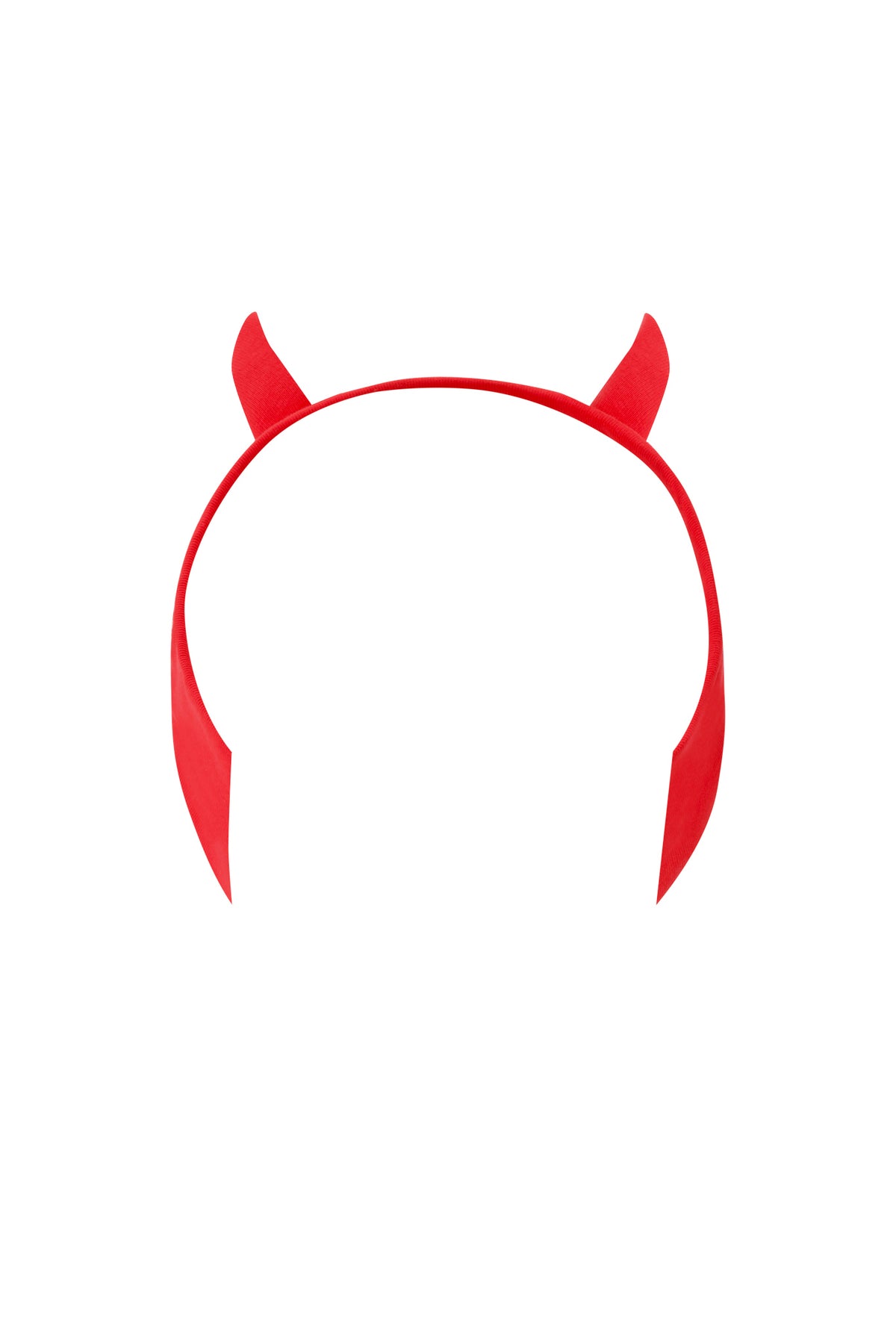 The T-REX HORN HEADBAND - RED by I.AM.GIA features two small pointed horns and an adjustable snap closure, shown isolated on a white background.
