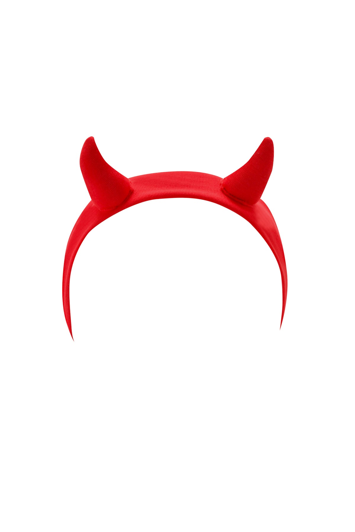 The T-REX HORN HEADBAND - RED by I.AM.GIA features two soft, pointed horns and an adjustable snap closure—perfect as a fun festival headband.
