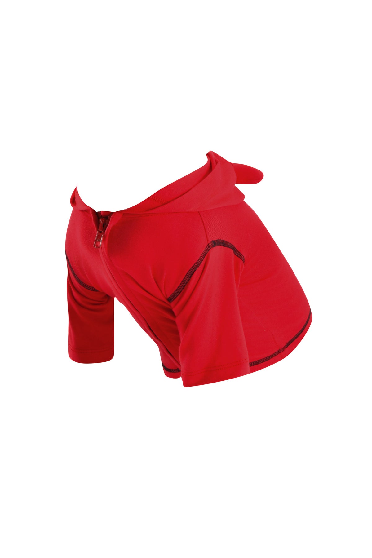 A T-REX BEST FRIEND BLARE HORN DOG HOODIE - RED by I.AM.GIA, with a front zipper and short sleeves, is shown on a white background.