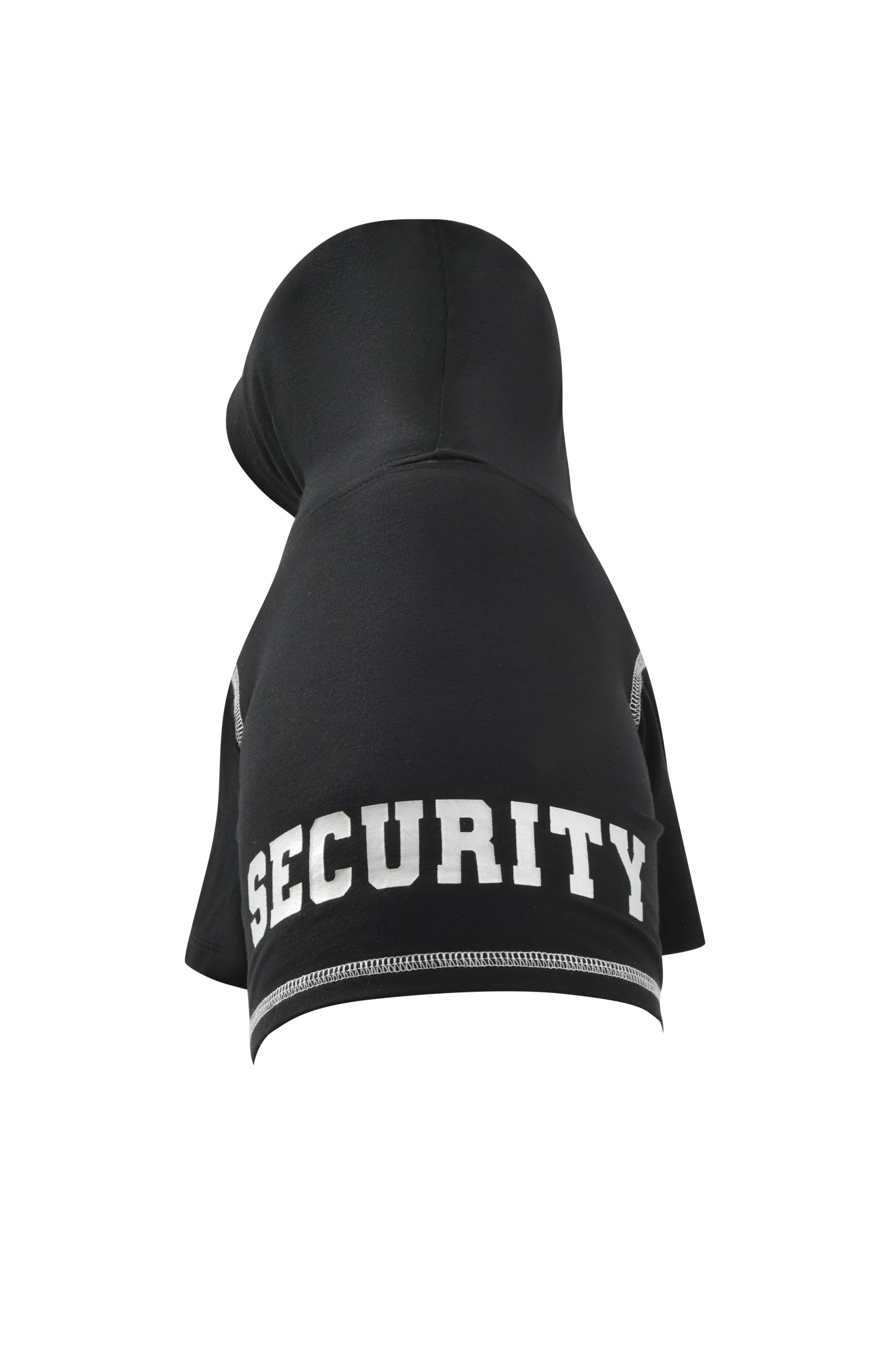 The BLARE DOG HOODIE - JET BLACK : SECURITY by I.AM.GIA features “SECURITY” printed in bold white letters across the back. Photographed on a white background, this soft and stylish dog sweater ensures comfort for your pet.
