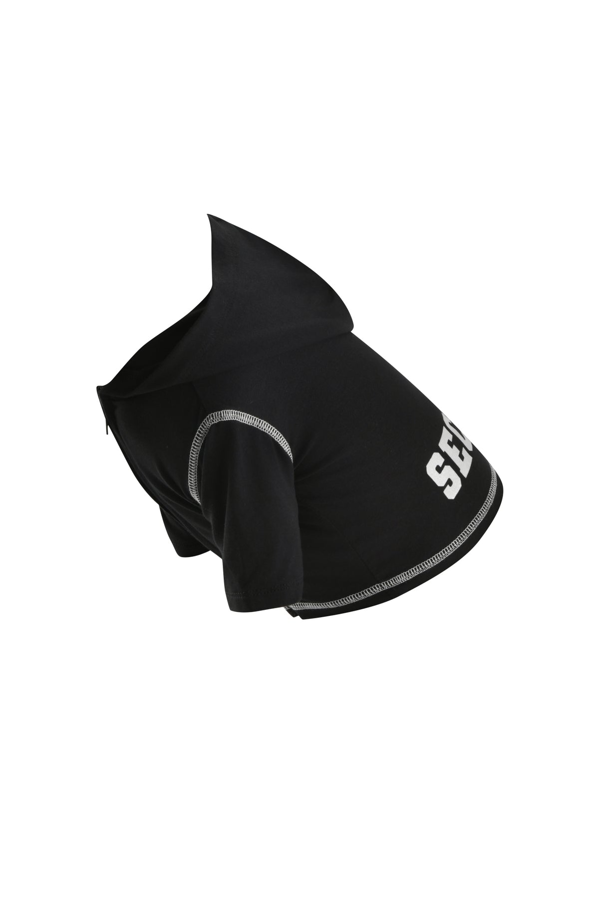 The I.AM.GIA BLARE DOG HOODIE - JET BLACK : SECURITY is a soft, stylish dog hoodie with a hood and white stitching. It features bold “SECURITY” lettering along the side, providing comfort and standout style for your pet.