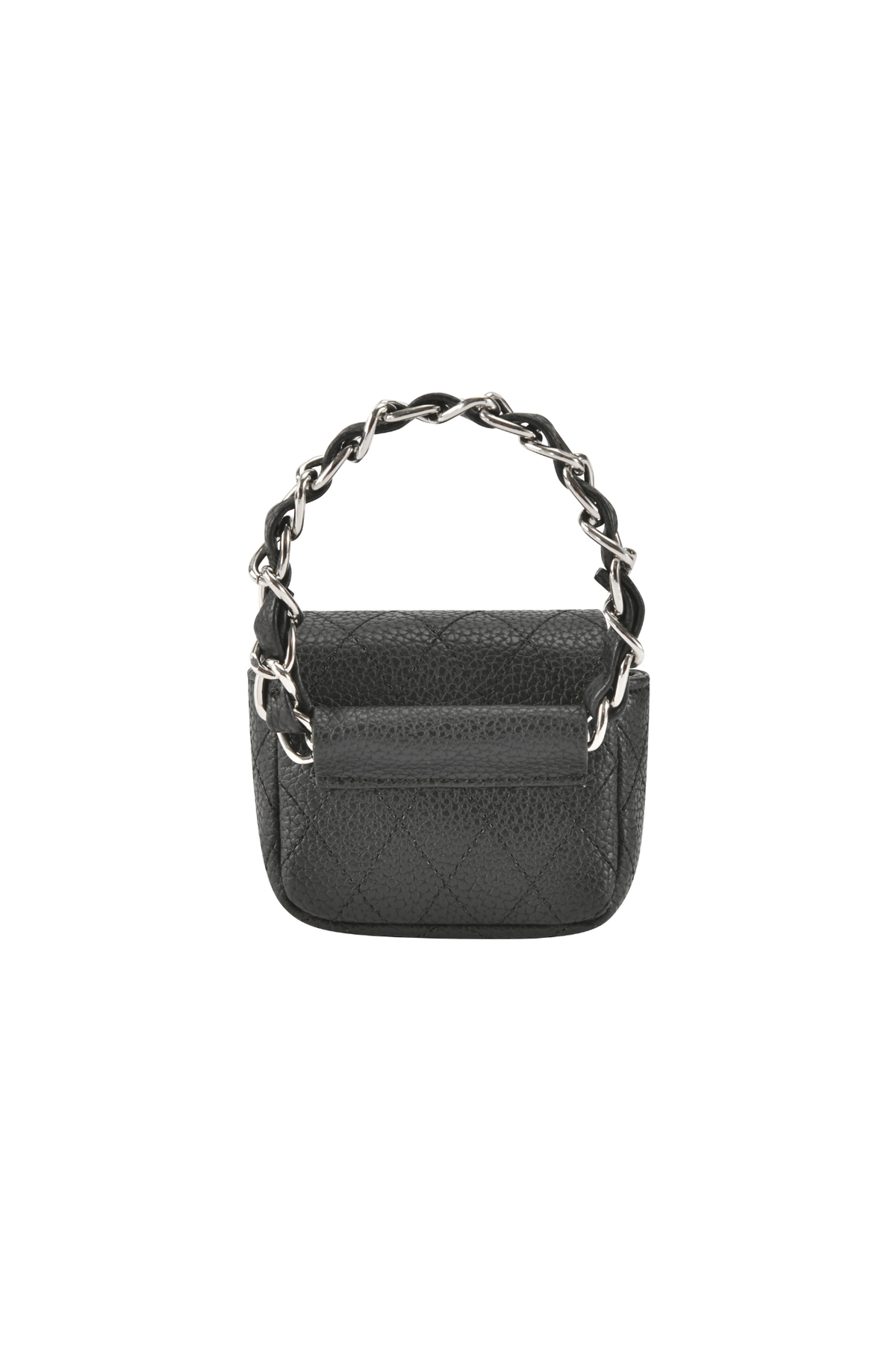 I.AM.GIA CARRIE ANKLET PURSE - BLACK: a small black faux leather quilted handbag with a silver anklet chain handle.