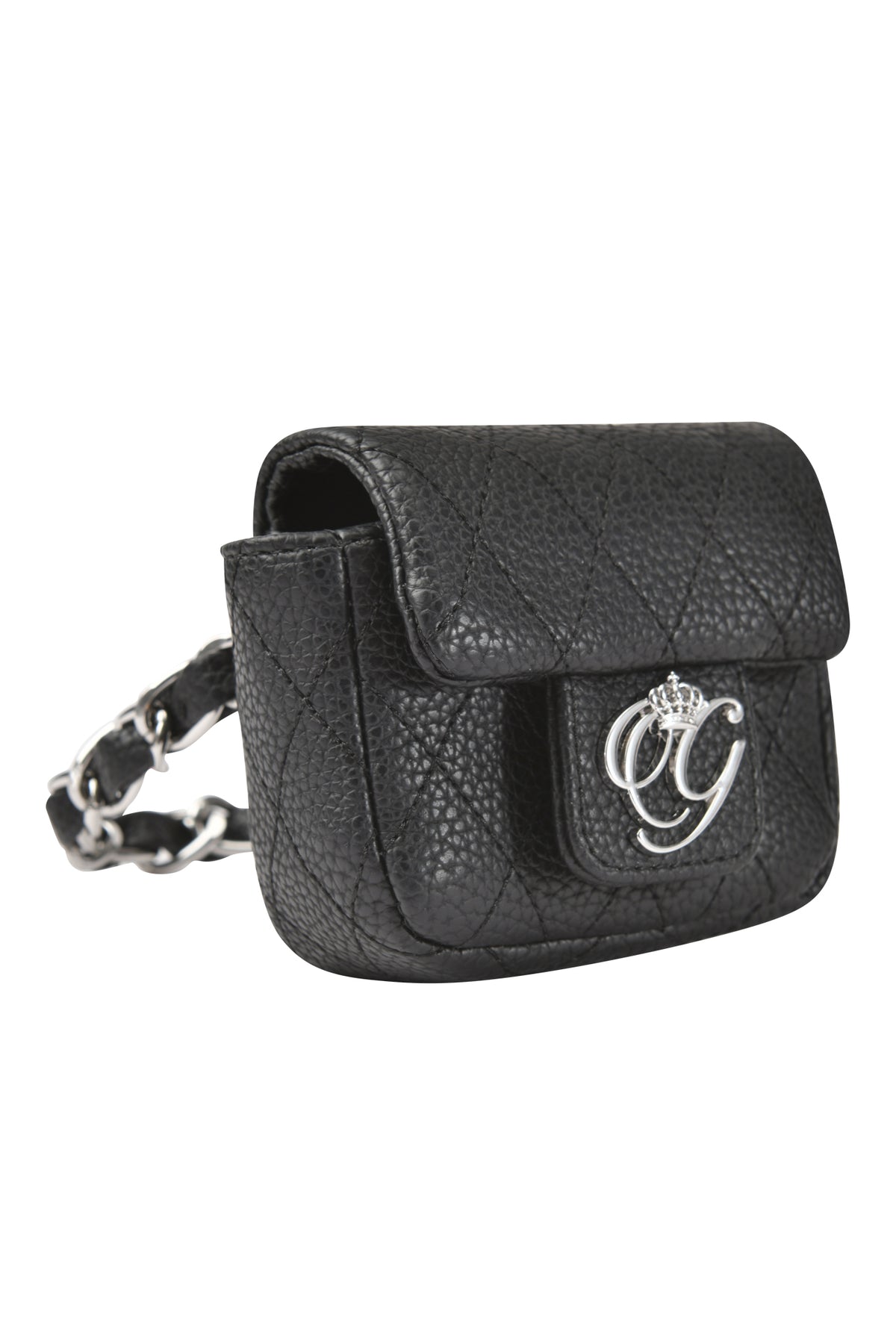 Small black faux leather quilted CARRIE ANKLET PURSE with a flap closure, a silver crown and letter emblem, and a short anklet chain strap.