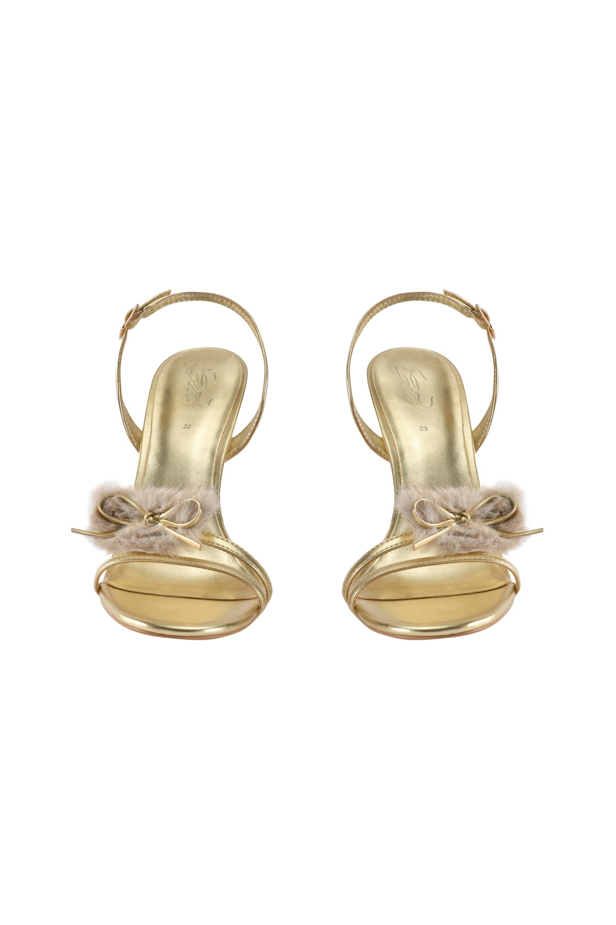 AURA SLINGBACK FAUX FUR HEEL - GOLD metallic slingback heels featuring a faux fur toe strap with a small pom-pom and bow detail.
