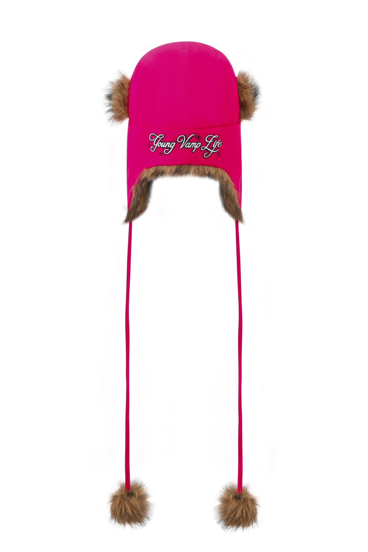 YVL FUR TRAPPER HAT - PINK: bright pink faux fur trapper hat with pom-poms on long ties and “Young Vamp Life” embroidered on the front.