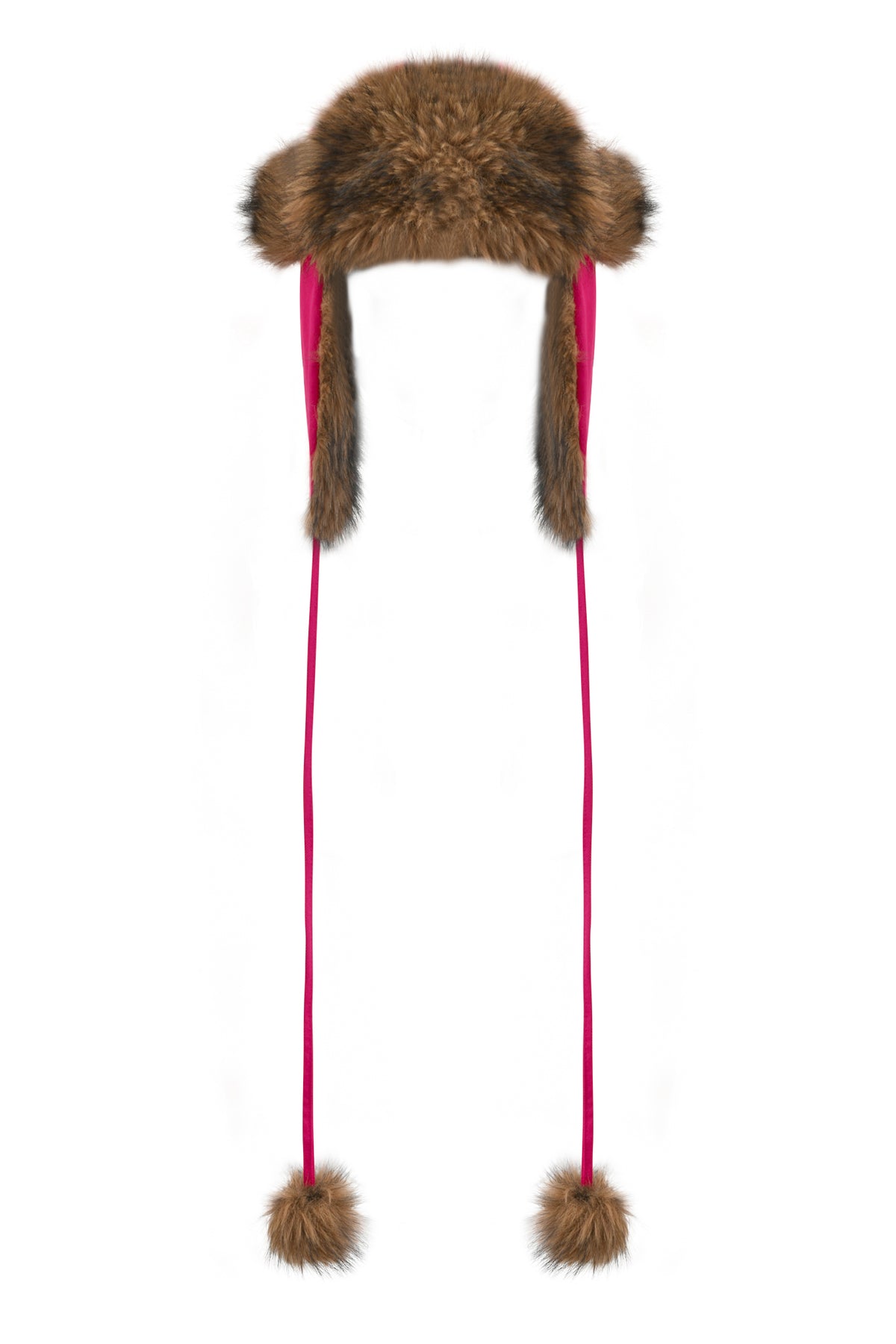 I.AM.GIA YVL FUR TRAPPER HAT - PINK, a brown faux fur trapper hat with bright pink accents and long ties ending in fur pom-poms.