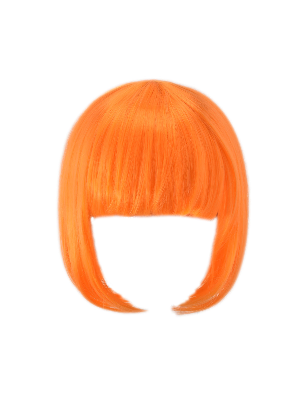 The QUINTA WIG - ORANGE by I.AM.GIA features bright, chin-length straight hair and blunt bangs in a vivid orange shade, shown against a plain white background. This striking synthetic wig is an attention-grabbing sci-fi accessory, ideal for bold and futuristic styles. The product is displayed without a visible face or mannequin head.