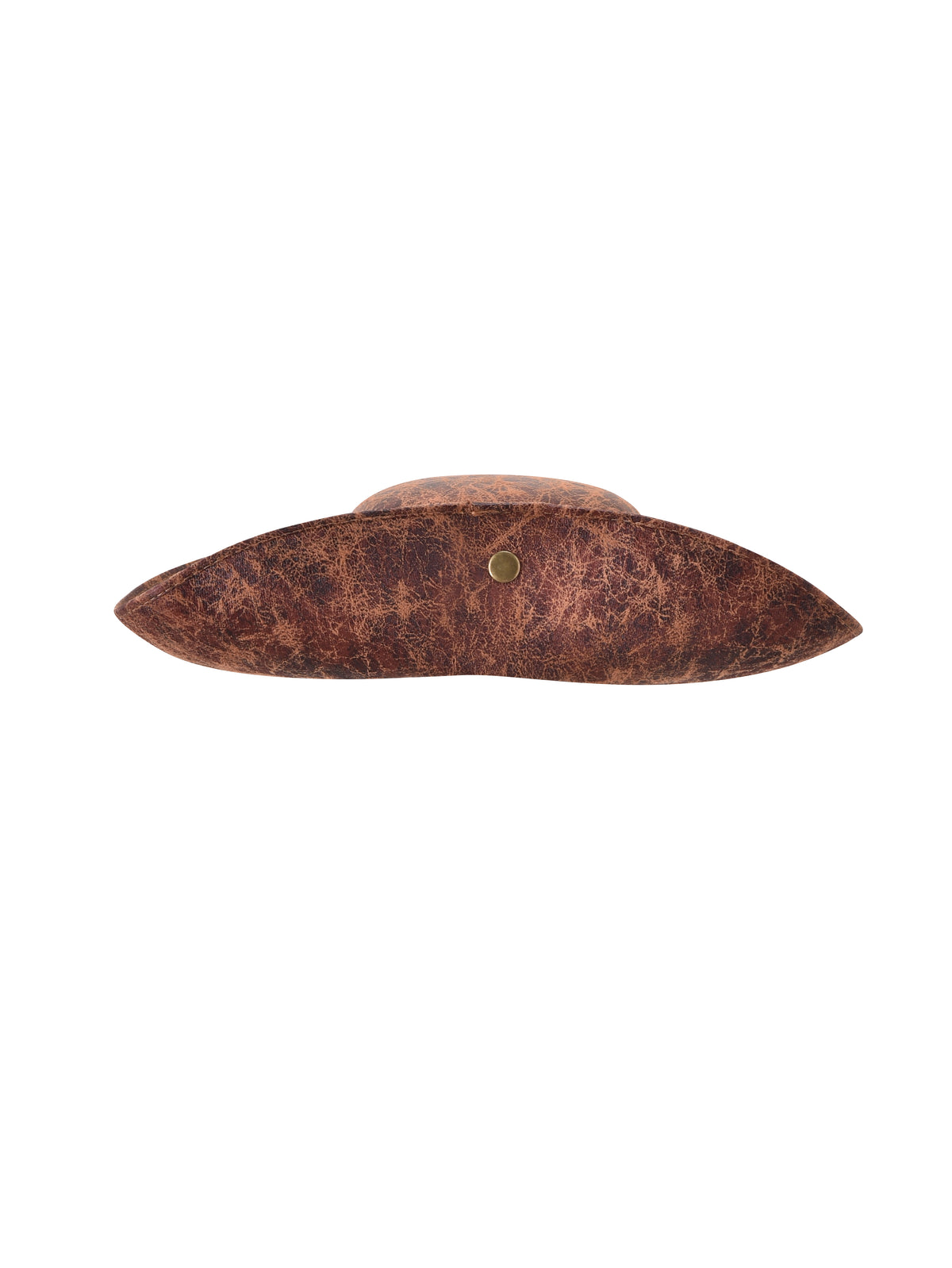 The BONNY PIRATE HAT - BROWN by I.AM.GIA features worn brown leather, a distinctive curved silhouette, central metallic rivet, and textured detailing reminiscent of a classic pirate hat. Photographed against a white background, it’s perfect for bringing authenticity to any pirate costume or Halloween ensemble.