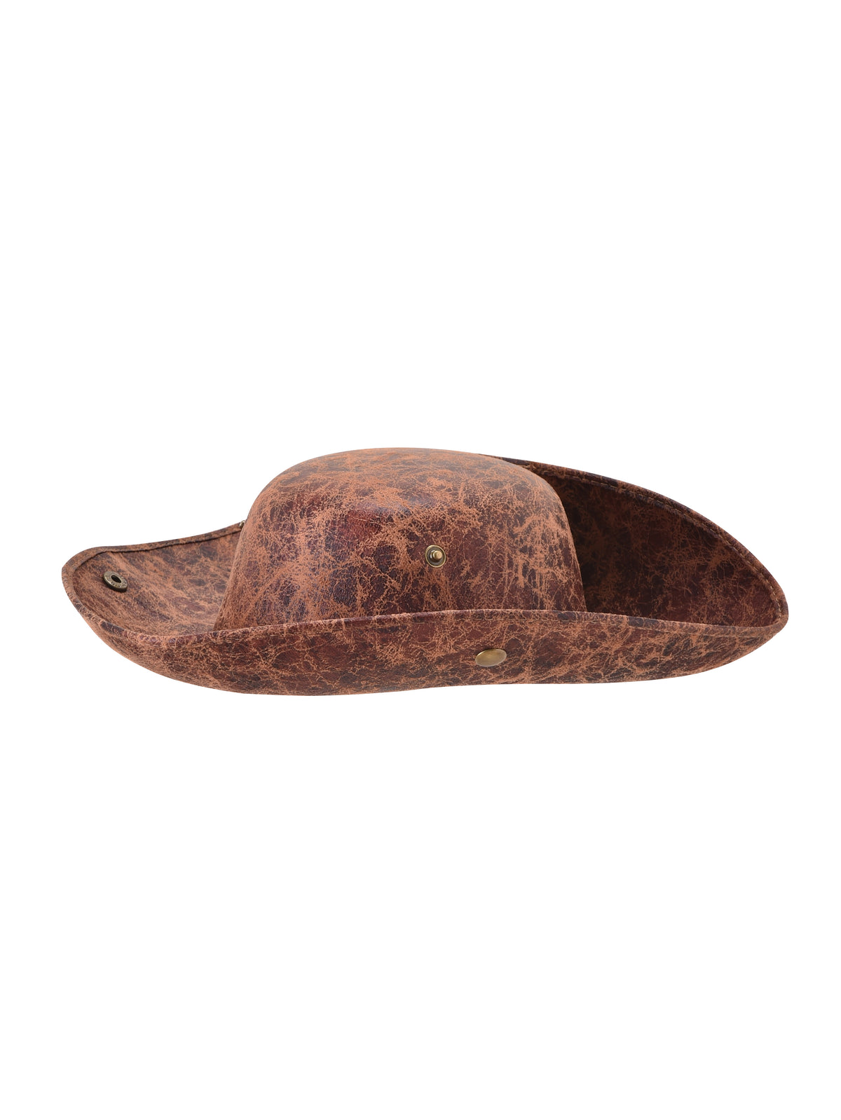 The BONNY PIRATE HAT - BROWN by I.AM.GIA is a weathered brown tricorn hat with three upturned sides and metal rivet accents—ideal for adding a classic pirate touch to any Halloween or costume ensemble.