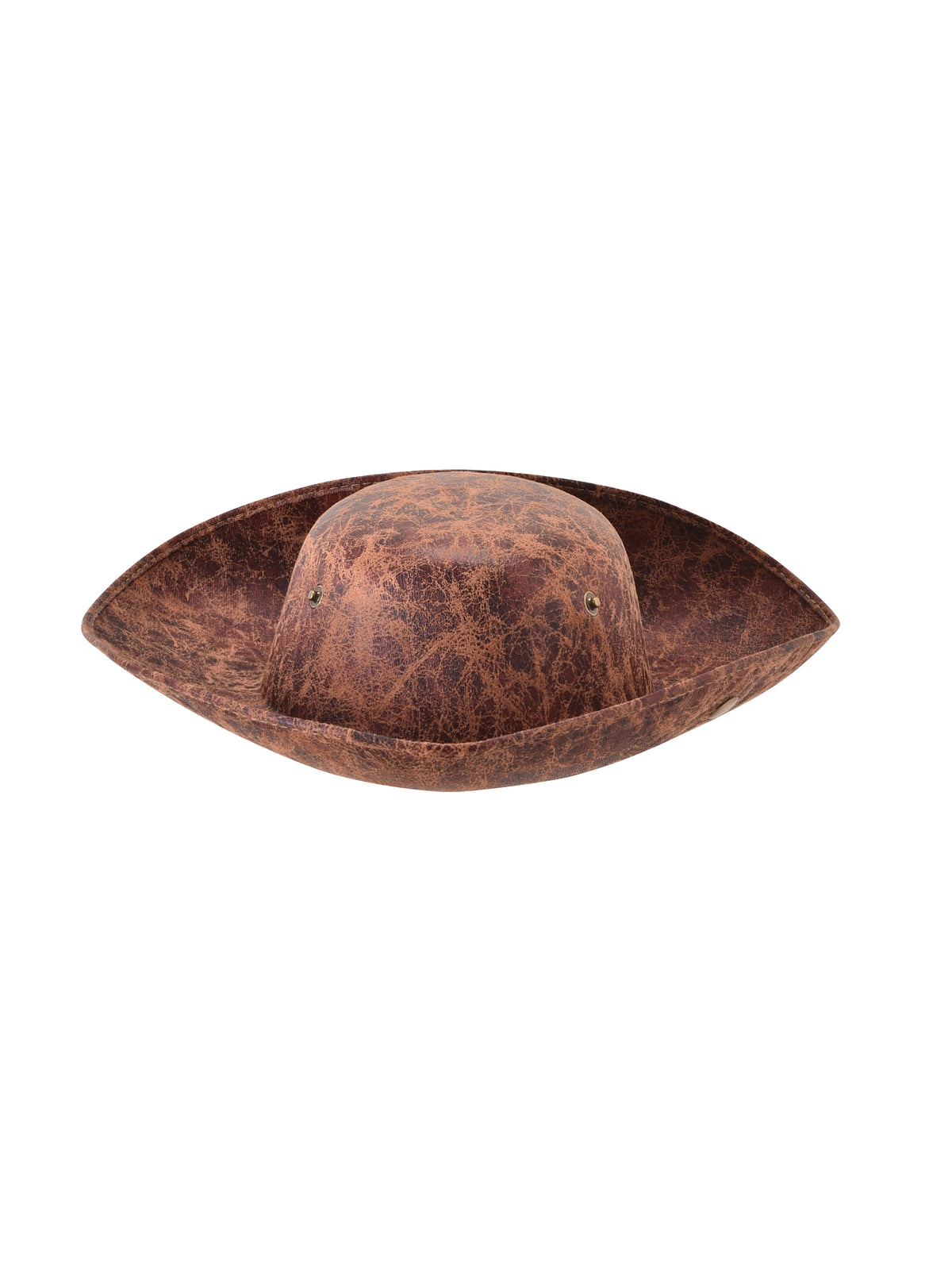 Introducing the BONNY PIRATE HAT - BROWN by I.AM.GIA: this weathered leather accessory features a rich brown hue, textured surface, and distinct creases. Photographed on a white background, it’s the perfect finishing touch for your pirate costume or to add an authentic, adventurous flair to your Halloween ensemble.