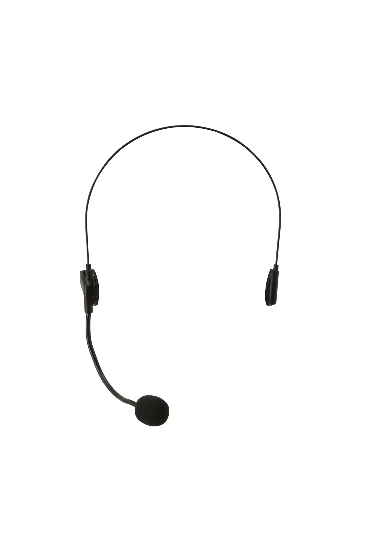 The CHER HEADSET - BLACK by I.AM.GIA is a sleek headset featuring a thin headband and an attached foam microphone, making it a perfect costume accessory, shown isolated on a white background.
