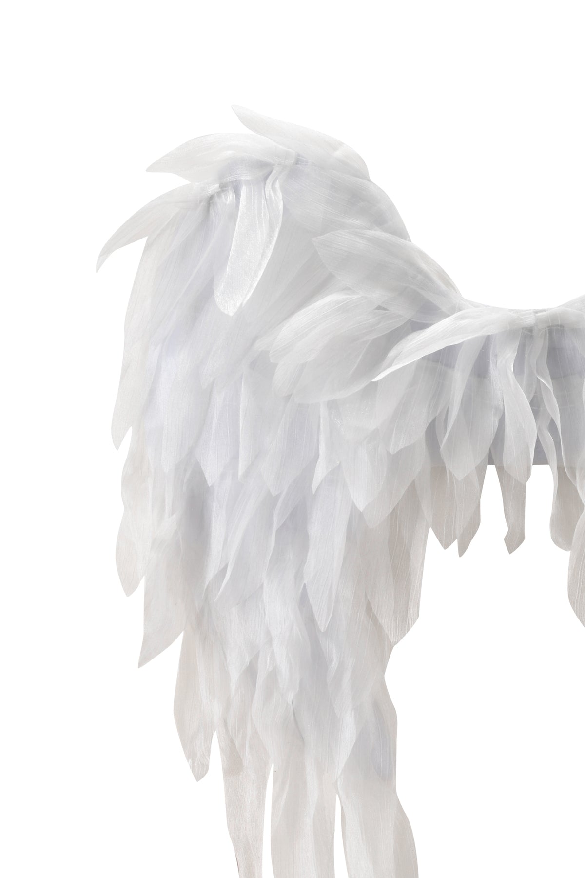 Set against a plain white background, the I.AM.GIA ANGEL WINGS - WHITE features intricately layered feathers—these white feather angel wings are the perfect accessory to complete your ethereal costume look.