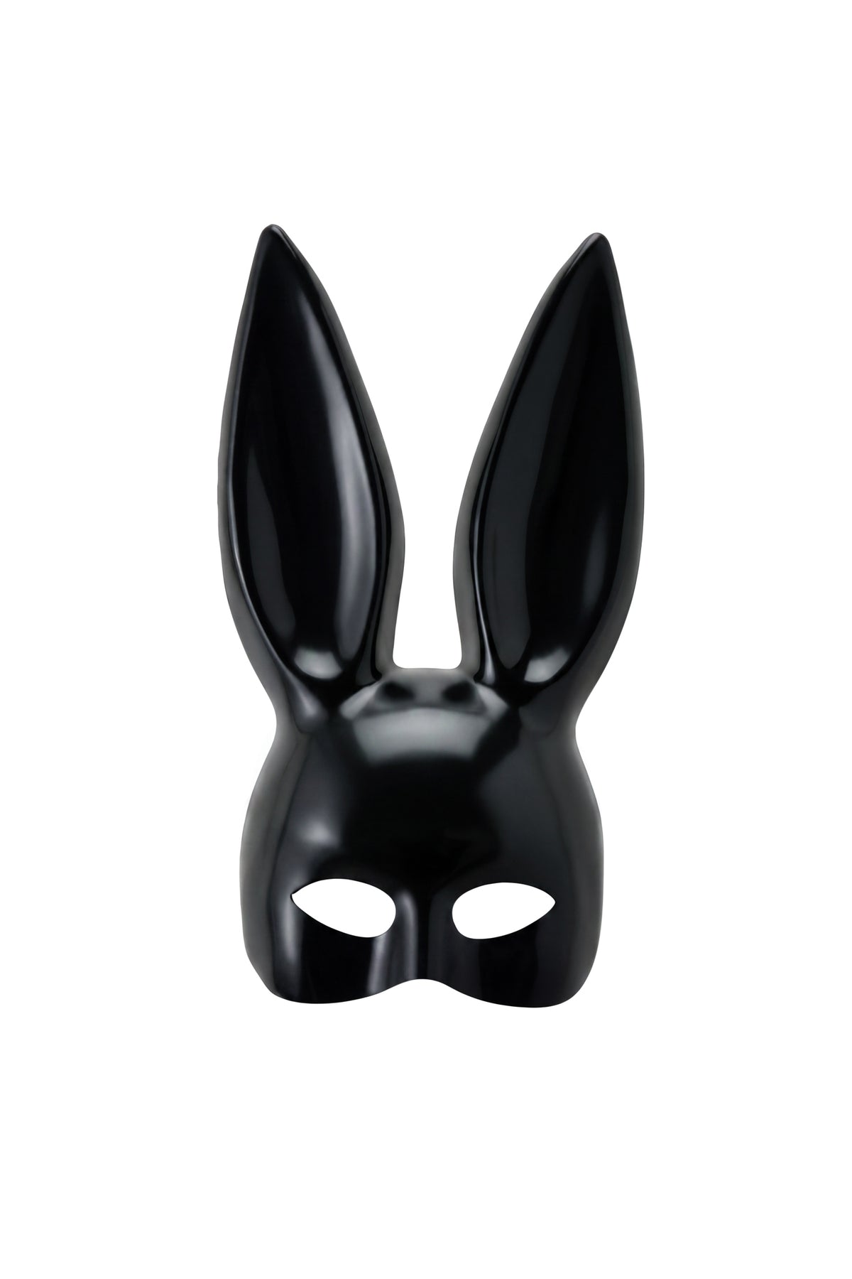 The DOE BUNNY MASK - BLACK by I.AM.GIA features a glossy black finish with tall, pointed rabbit ears and eye openings, photographed against a white background—making it a striking accessory for your Halloween costume.