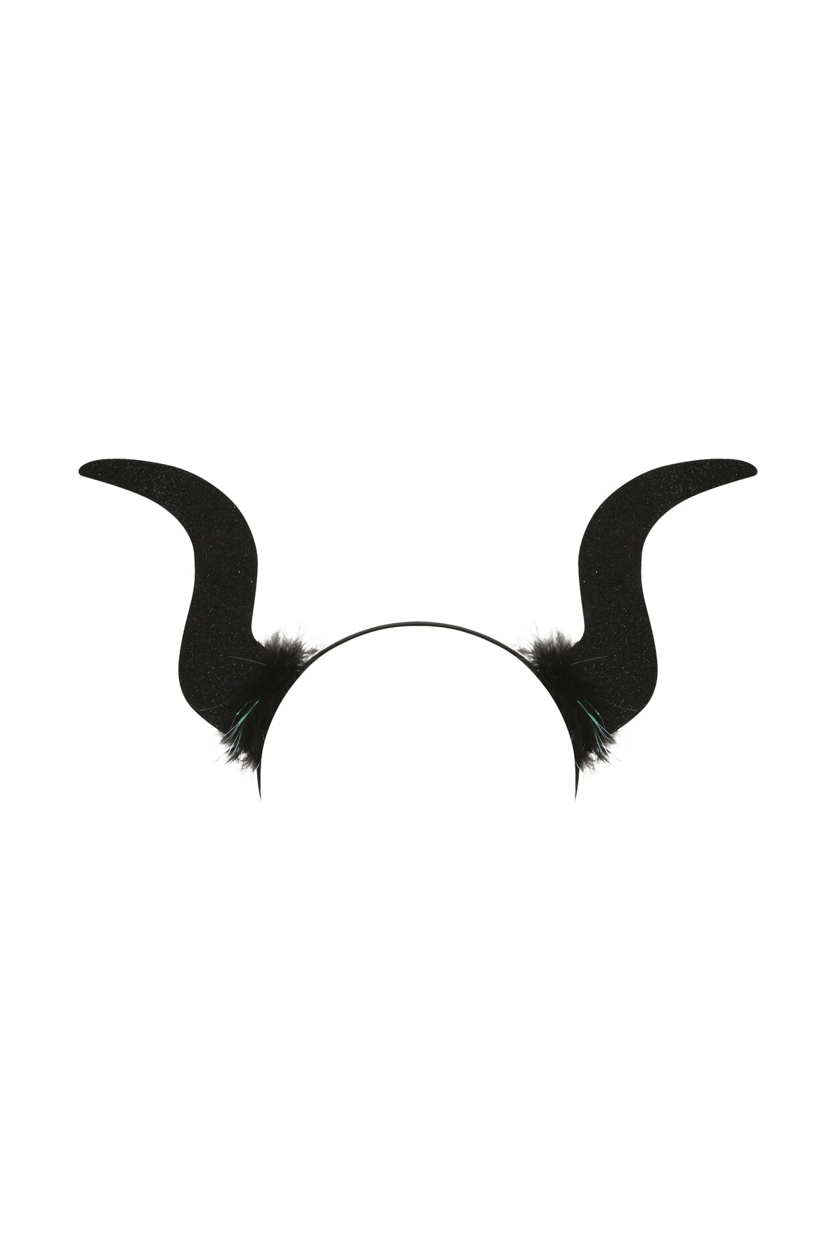 The KIARA DARK ANGEL WINGS SET - BLACK by I.AM.GIA features a black headband with two large, curved, black horns and small black feather accents at the base, displayed on a white background—an ideal finishing touch for completing your dark angel costume or Halloween accessory set.