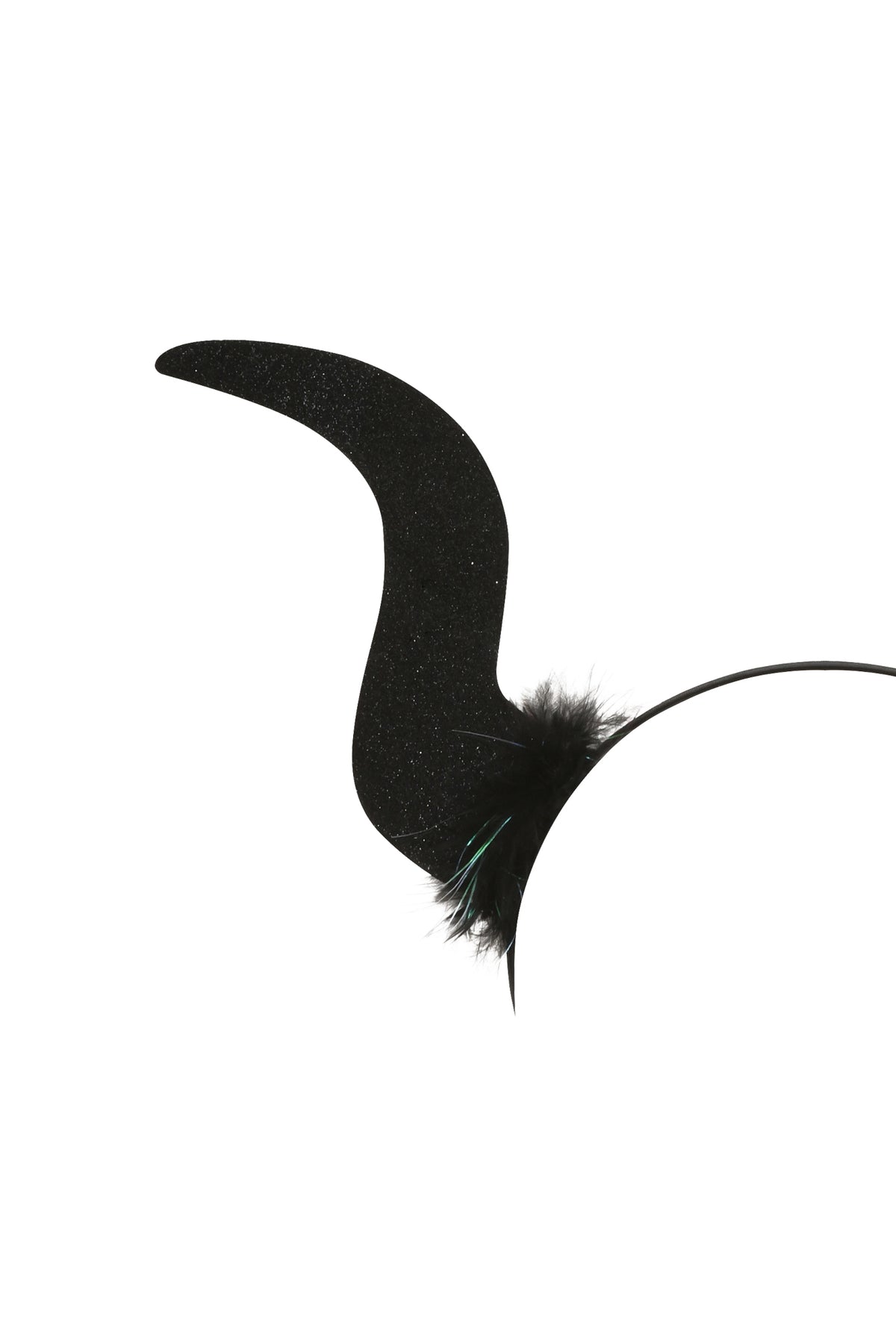 The KIARA DARK ANGEL WINGS SET – BLACK by I.AM.GIA is shown on a white background, featuring a black headband with a single curved, glittery horn and a small tuft of black feathers at the base—perfect for completing your dark angel costume or as an eye-catching Halloween accessory.