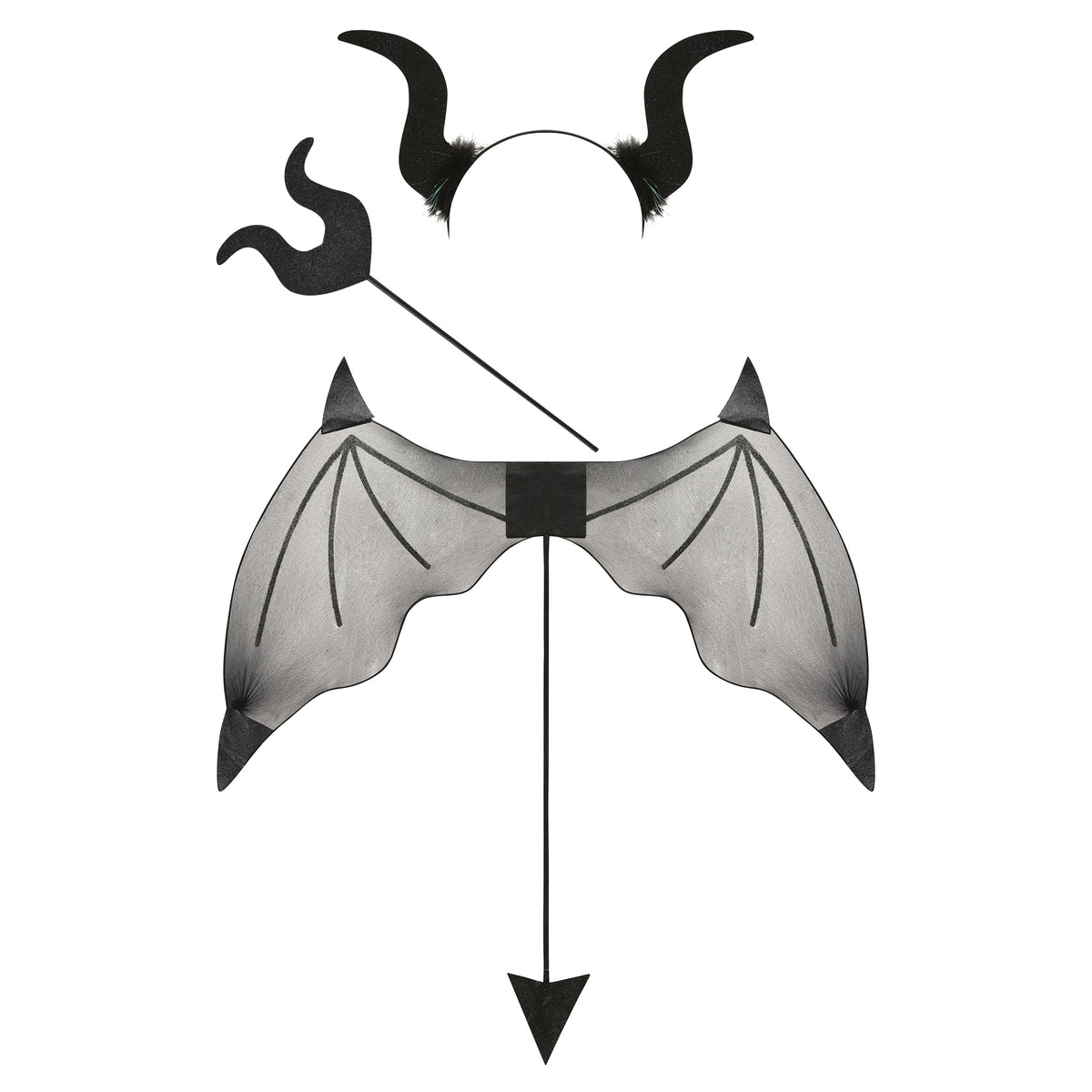 The KIARA DARK ANGEL WINGS SET - BLACK by I.AM.GIA features a horned headband, trident, bat-like wings, and a pointed tail—all showcased against a white background—making it the perfect dark angel costume or Halloween accessory set.