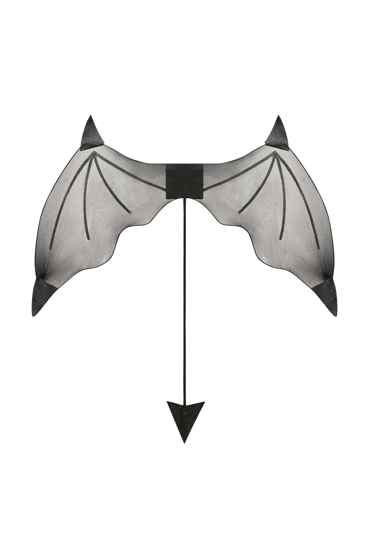 Introducing the KIARA DARK ANGEL WINGS SET - BLACK by I.AM.GIA: Bat-inspired black wings featuring pointed tips and a long, arrowhead-tail design, set against a crisp white background—the ideal finishing touch for your dark angel costume or as a standout Halloween accessory.