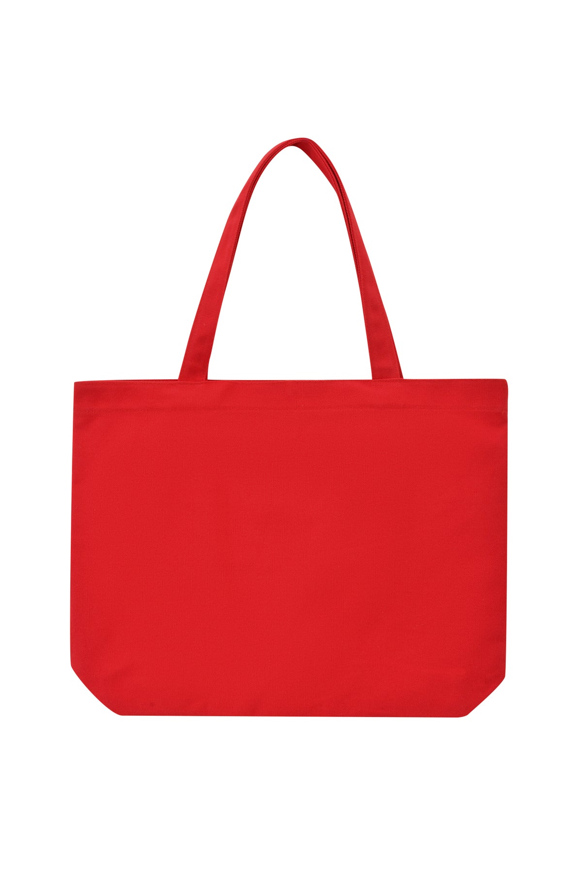 The T-REX TOTE BAG - RED by I.AM.GIA is a bright red canvas tote with two handles, shown on a white background. Its simple, solid design has no visible logos, patterns, or embellishments.