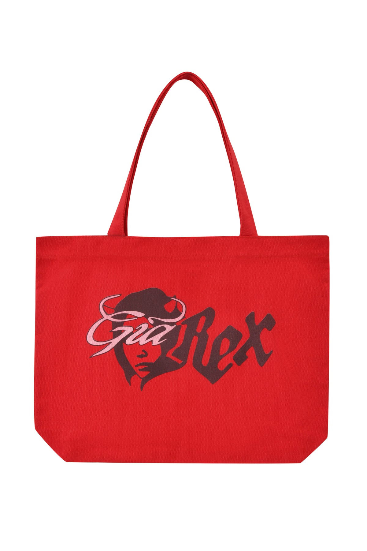 The T-REX TOTE BAG - RED by I.AM.GIA is a red canvas tote with two handles, black “Gia Rex” text, and devil girl art—stylish and perfect for carrying your laptop.
